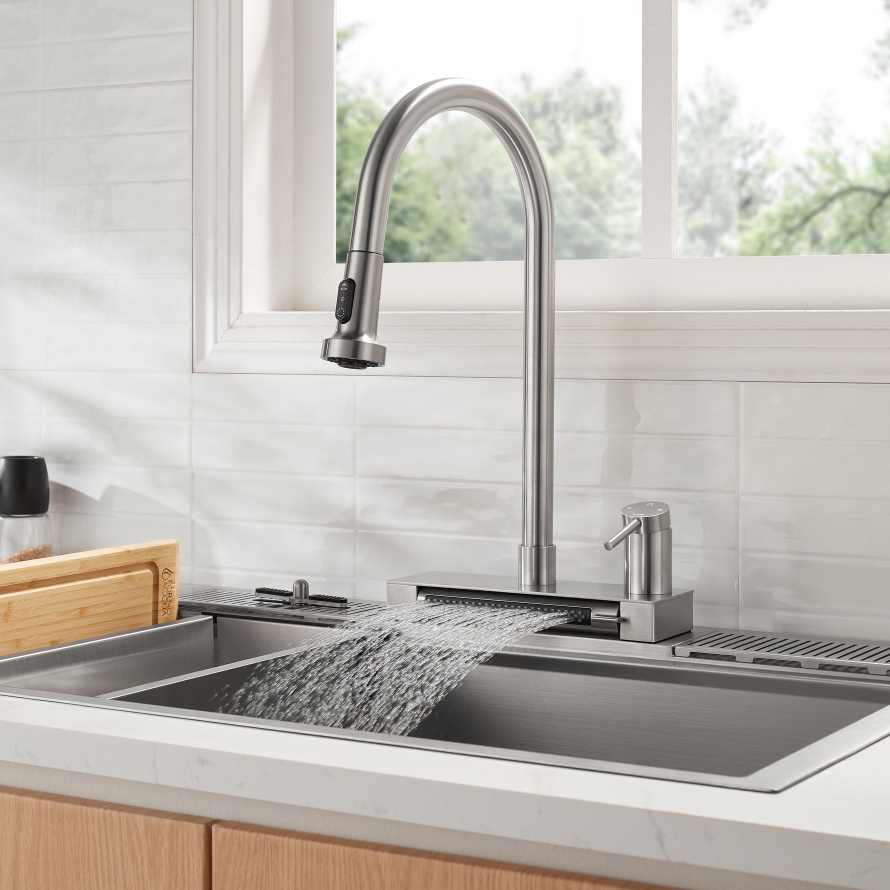 FORNO ACQUA 4 Function Waterfall  Pull-Down Kitchen Faucet Brushed Nickel