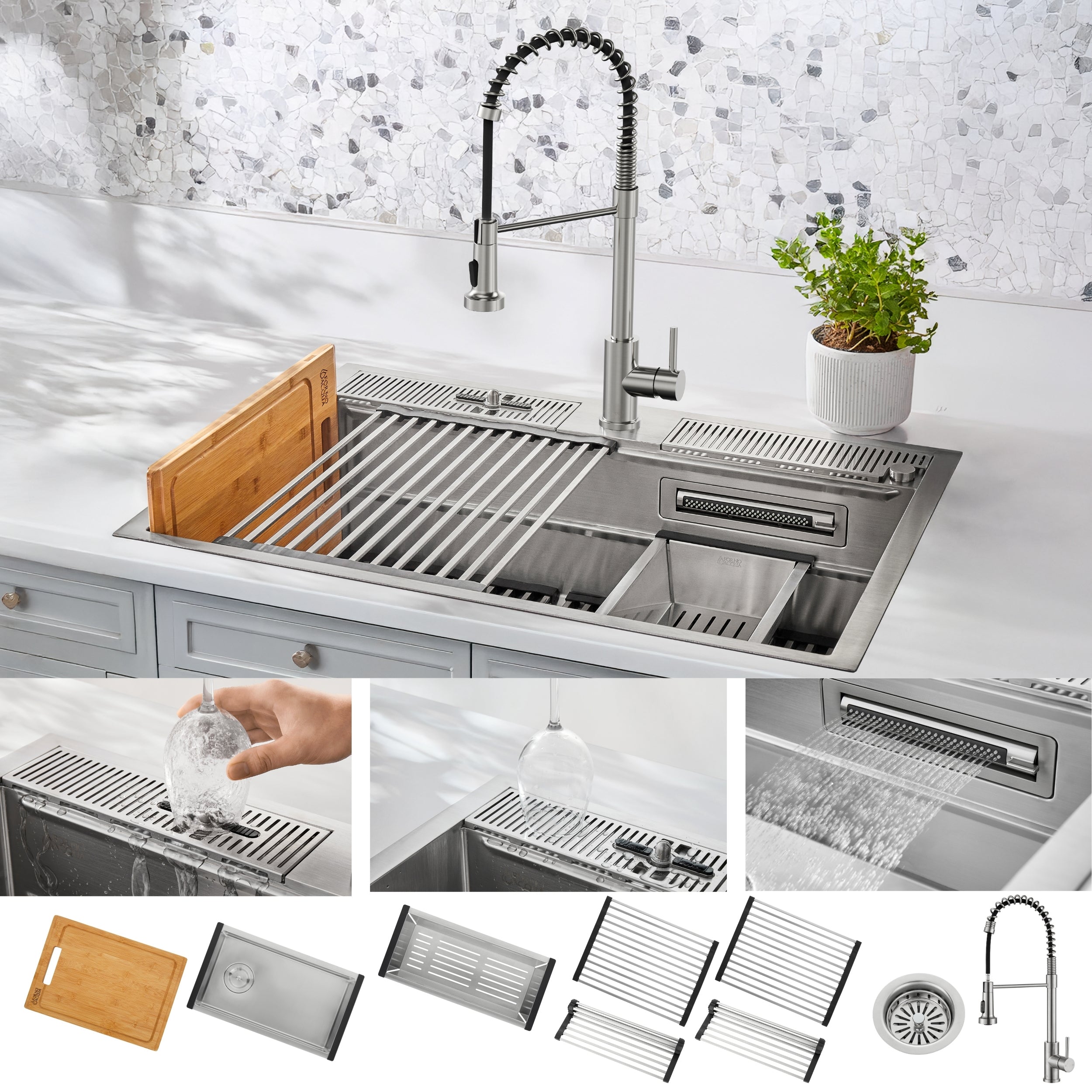 FORNO ACQUA MultiSINK kit with Integrated Waterfall Rinsing and Glass Washing Station.  Includes Chef Faucet and Accessories. - BonPrix Électroménagers
