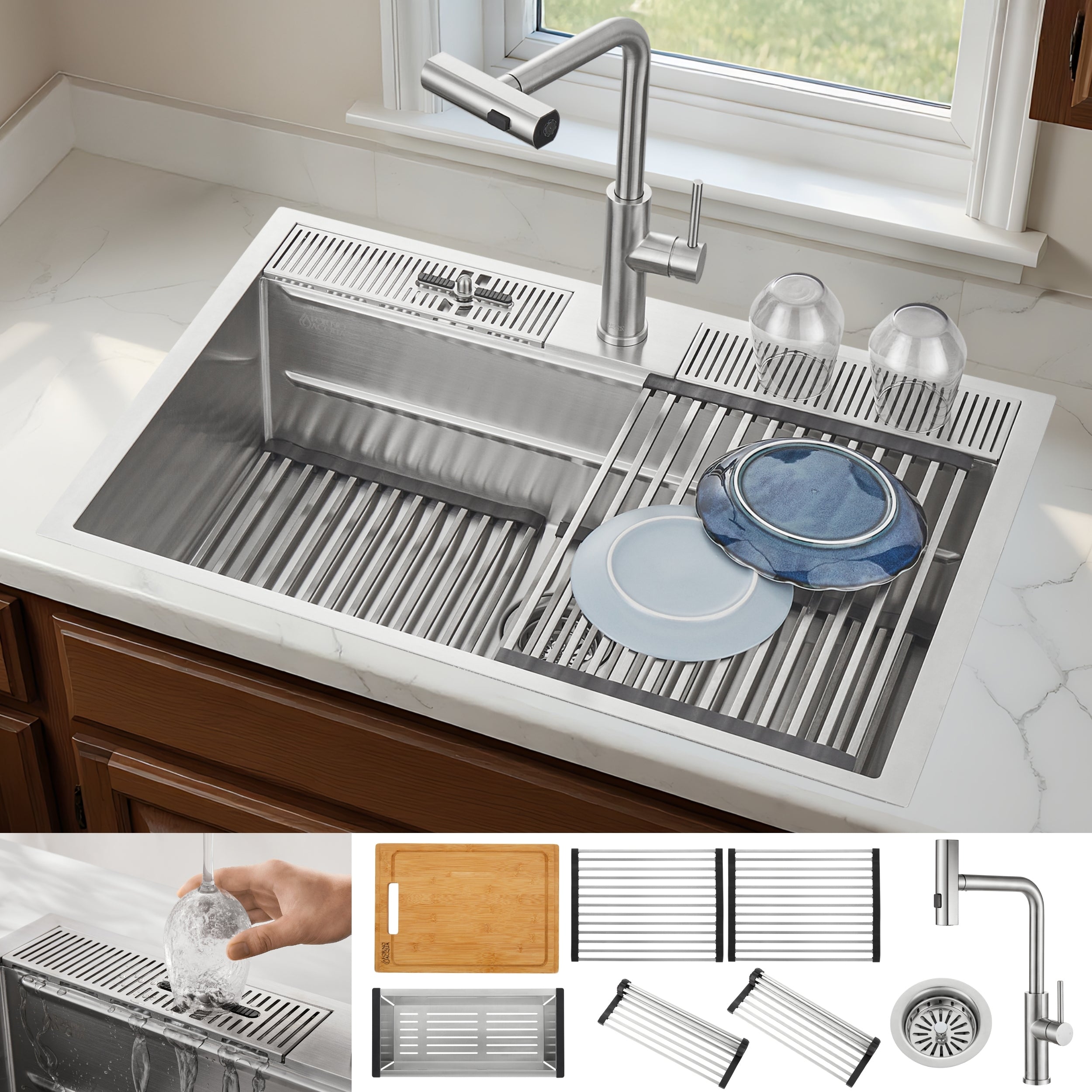 FORNO ACQUA 33 in. Drop-In/Undermount 3-Level Workstation Sink with Waterfall Faucet & Glass Rinser - BonPrix Électroménagers