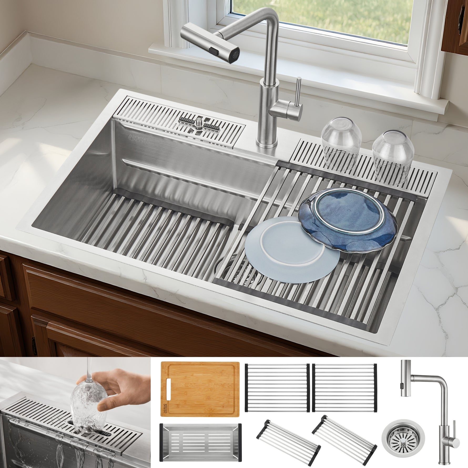 FORNO ACQUA 33 in. Drop-In/Undermount 3-Level Workstation Sink with Waterfall Faucet & Glass Rinser - BonPrix Électroménagers
