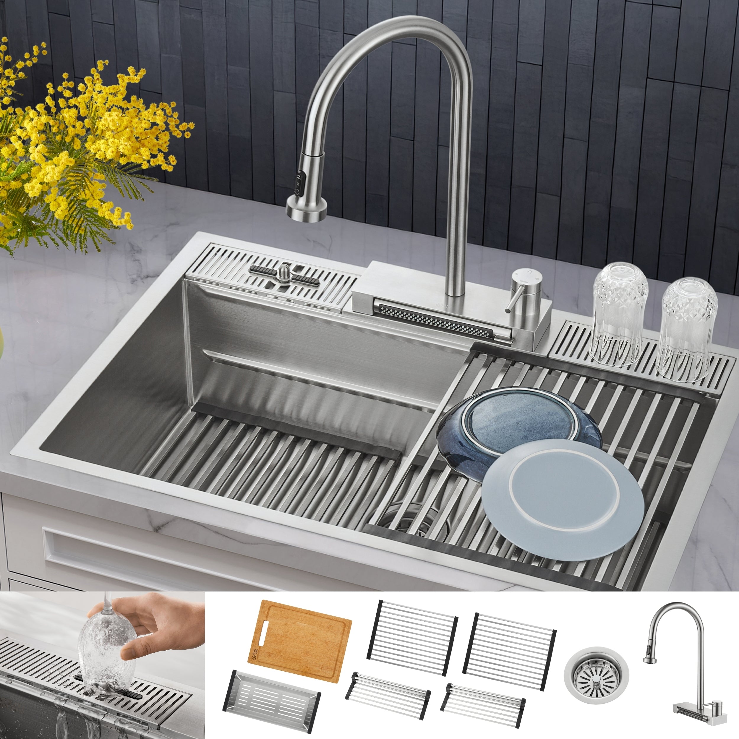 FORNO ACQUA 33 in. Drop-In/Undermount MultiSINK Workstation Sink with Waterfall Faucet & Glass Rinser - BonPrix Électroménagers