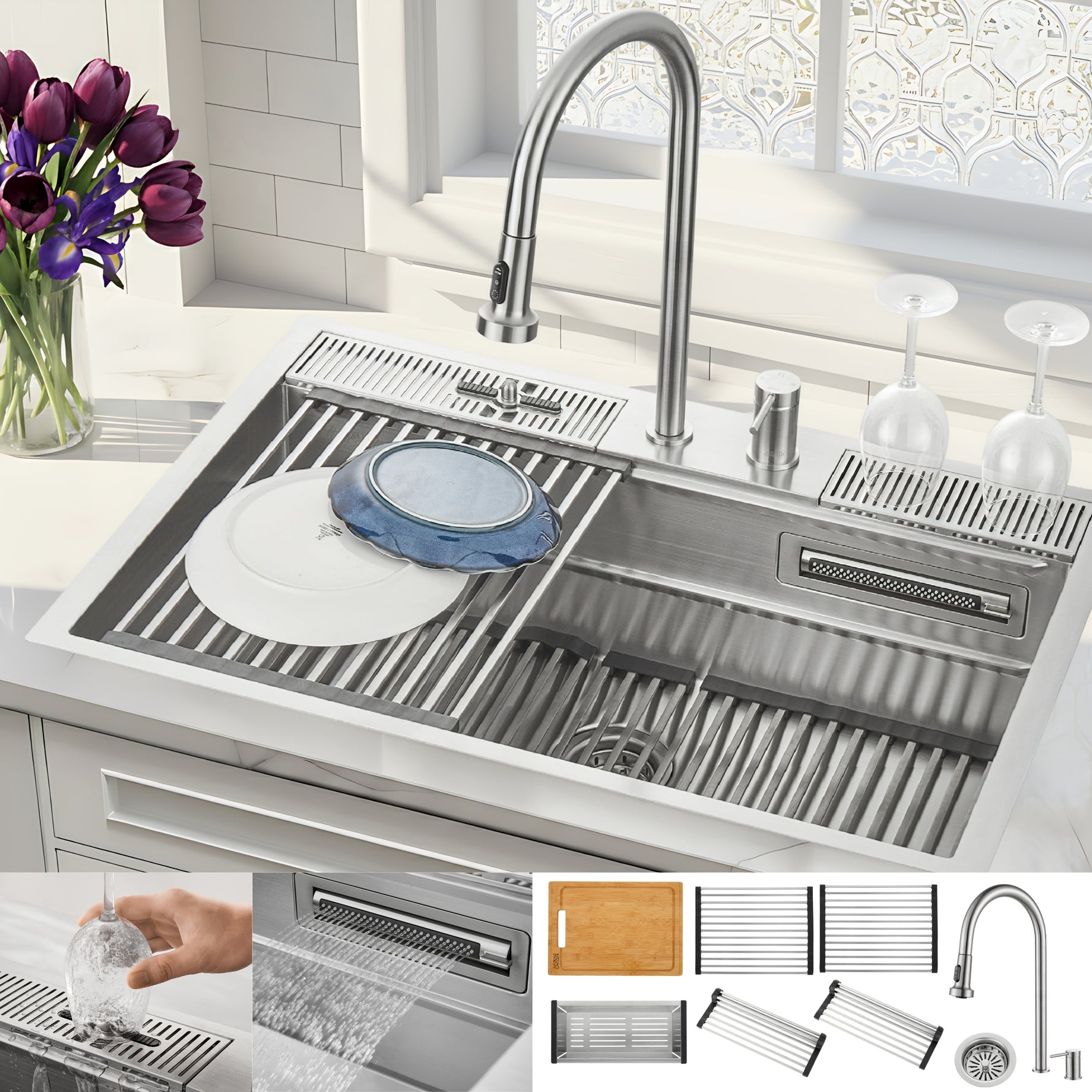 FORNO ACQUA 33 in. Drop-In/Undermount 3 Level Workstation Sink with Faucet, Waterfall & Glass Rinser - BonPrix Électroménagers