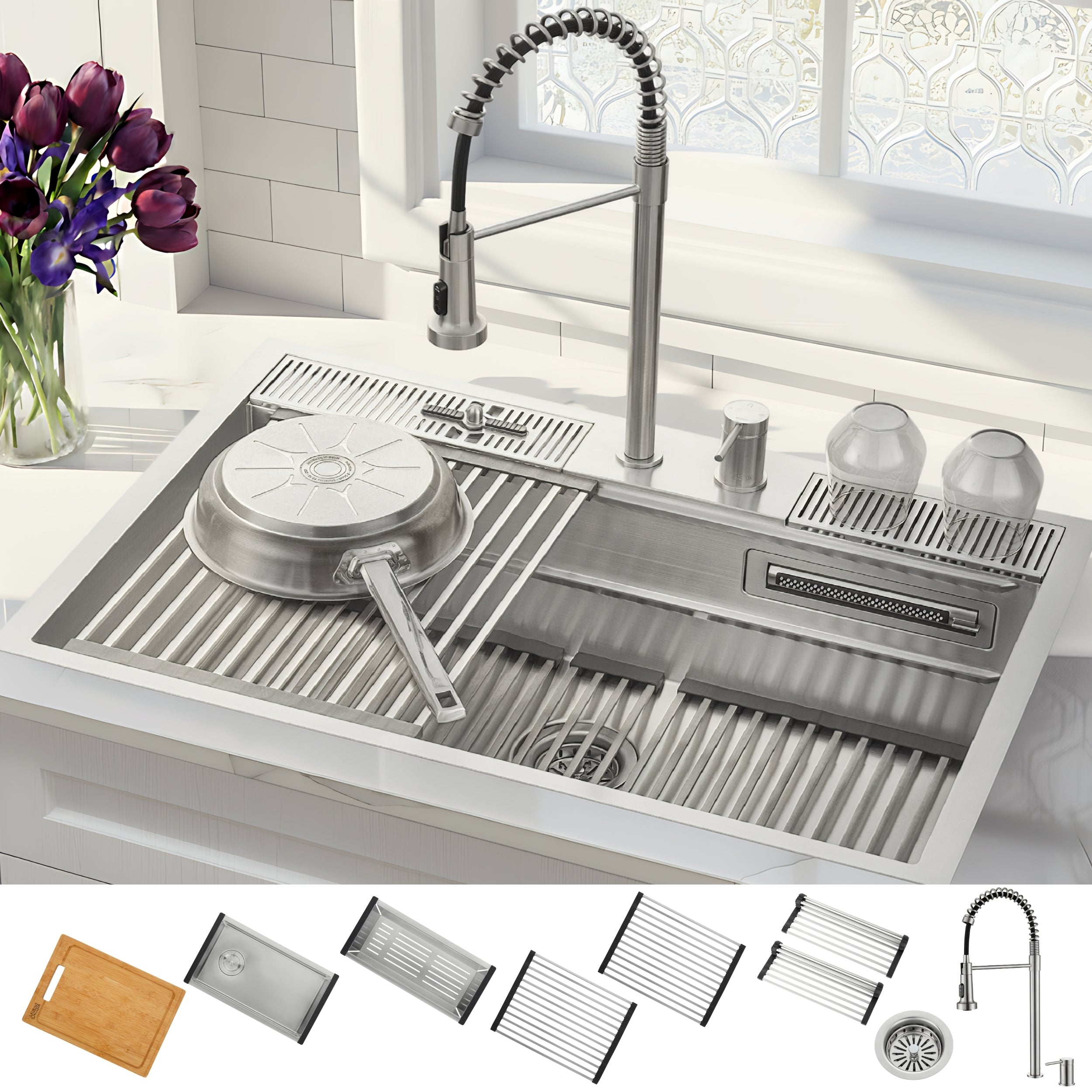 FORNO ACQUA 33 in. Drop-In/Undermount 3-Level Workstation Sink with Faucet, Waterfall & Glass Rinser - BonPrix Électroménagers