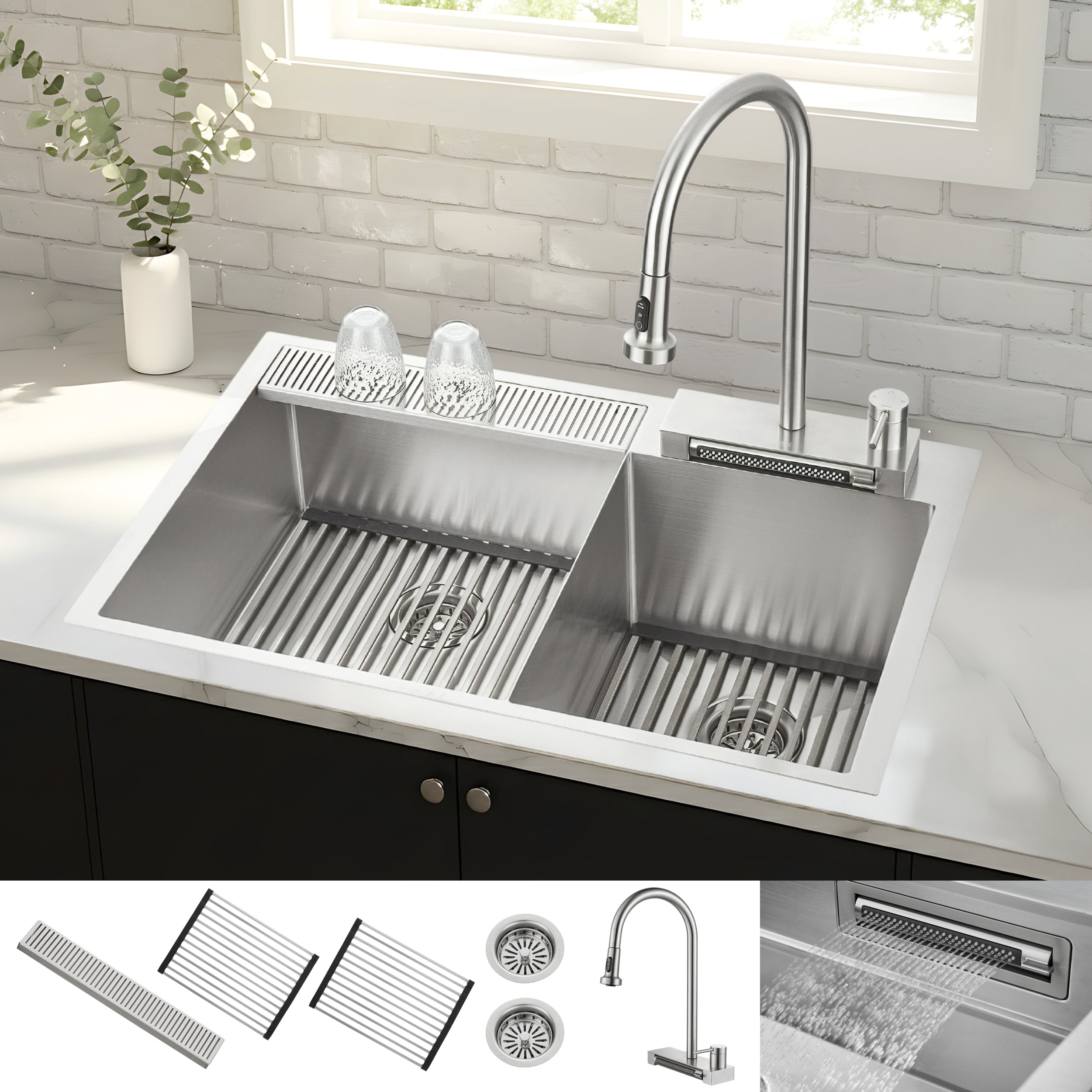 FORNO ACQUA 33 in. Drop-In/Undermount 40/60 Double Bowl Stainless Steel Sink with Waterfall Faucet - BonPrix Électroménagers