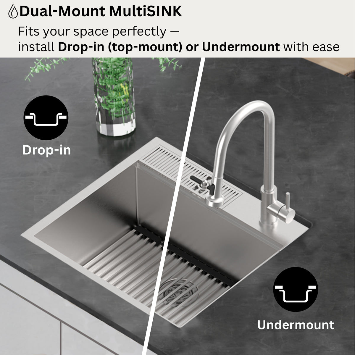 FORNO ACQUA L20" X W22" X D10" 18ga Stainless Steel 304 2-Level MultiSINK Kit with Glass Rinser, 3 Function Stainless Steel Pull-Down Kitchen Faucet, 3 Roll-Up Grids and 1 Strainer