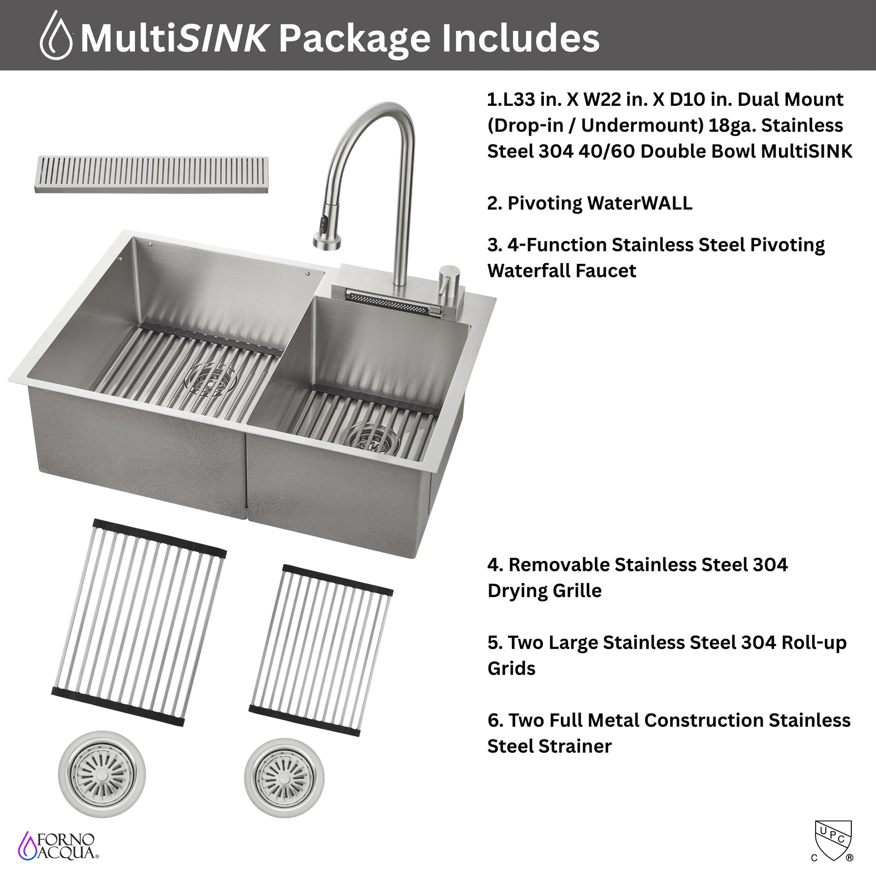 FORNO ACQUA 33 in. Drop-In/Undermount 40/60 Double Bowl Stainless Steel Sink with Waterfall Faucet - BonPrix Électroménagers