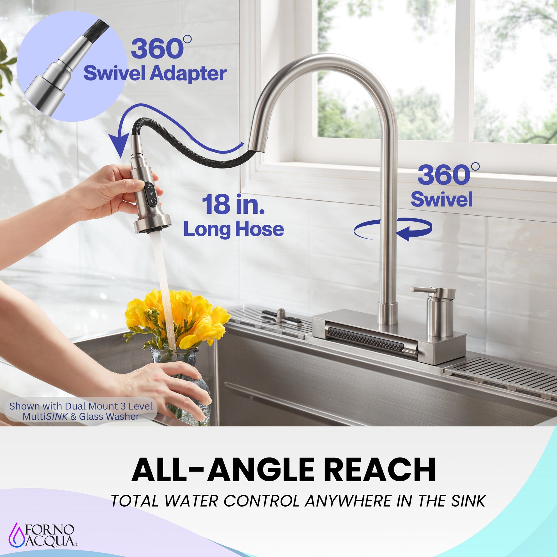 FORNO ACQUA 4 Function Waterfall  Pull-Down Kitchen Faucet Brushed Nickel