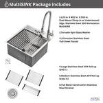 FORNO ACQUA L20" X W22" X D10" 18ga Stainless Steel 304 2-Level MultiSINK Kit with Glass Rinser, 3 Function Stainless Steel Pull-Down Kitchen Faucet, 3 Roll-Up Grids and 1 Strainer