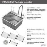 FORNO ACQUA L24" X W22" X D10" 18ga Stainless Steel 304 2-Level MultiSINK Kit with Glass Rinser, 3 Function Stainless Steel Pull-Down Kitchen Faucet, 4 Roll-Up Grids and 1 Strainer