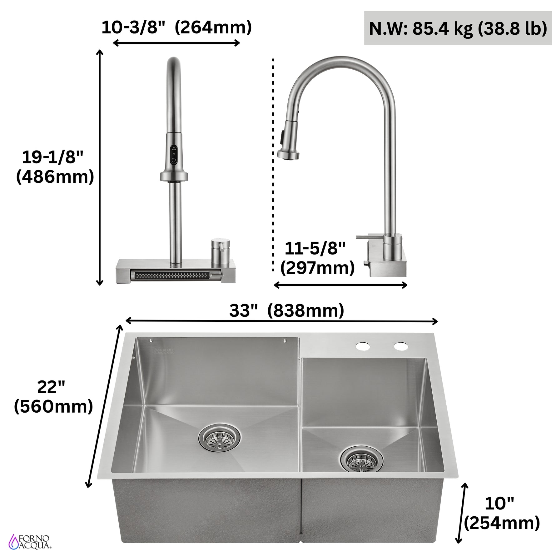FORNO ACQUA 33 in. Drop-In/Undermount 40/60 Double Bowl Stainless Steel Sink with Waterfall Faucet - BonPrix Électroménagers