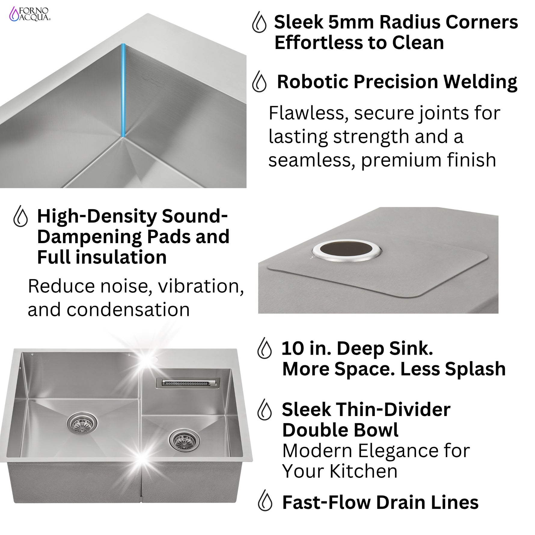 FORNO ACQUA 33 in. Drop-In/Undermount 40/60 Double Bowl Sink with Retractable Faucet & Waterfall - BonPrix Électroménagers