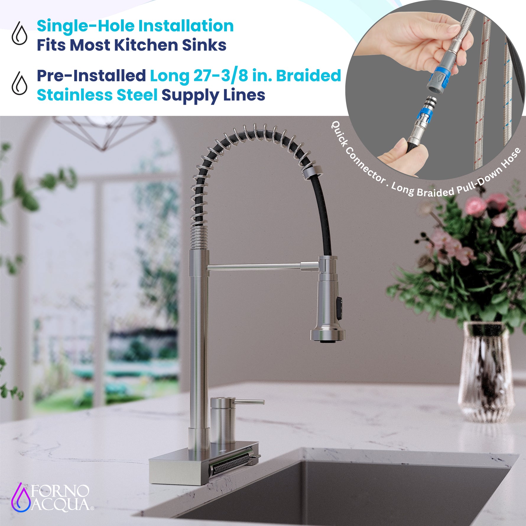 FORNO ACQUA 4 Function  Pull-Down Waterfall Kitchen Faucet Brushed Nickel