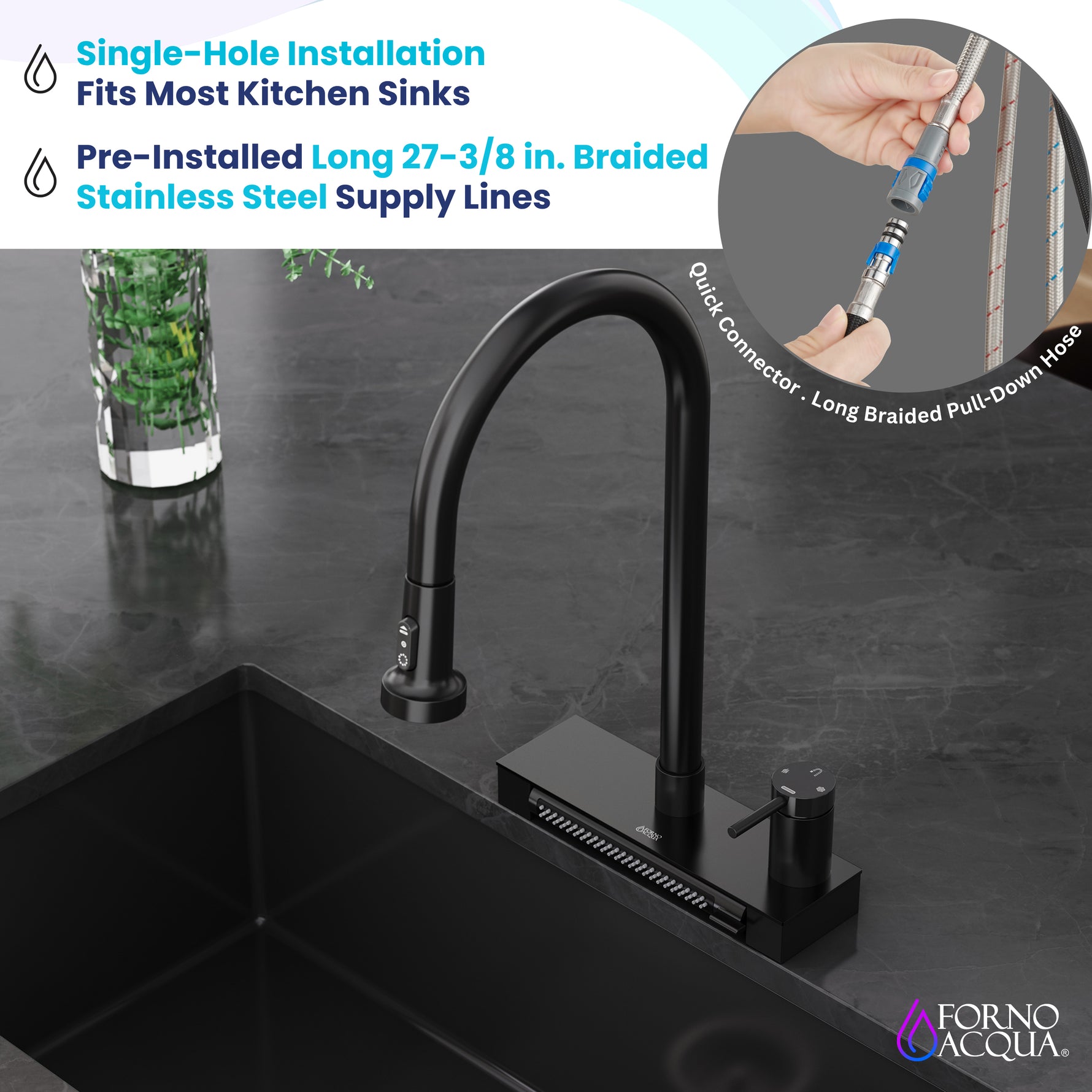 FORNO ACQUA 4 Function Waterfall  Pull-Down Kitchen Faucet Black