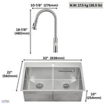 FORNO ACQUA 33 in. Drop-In/Undermount 50/50 Double Bowl Stainless Steel Sink with Faucet & Waterfall - BonPrix Électroménagers