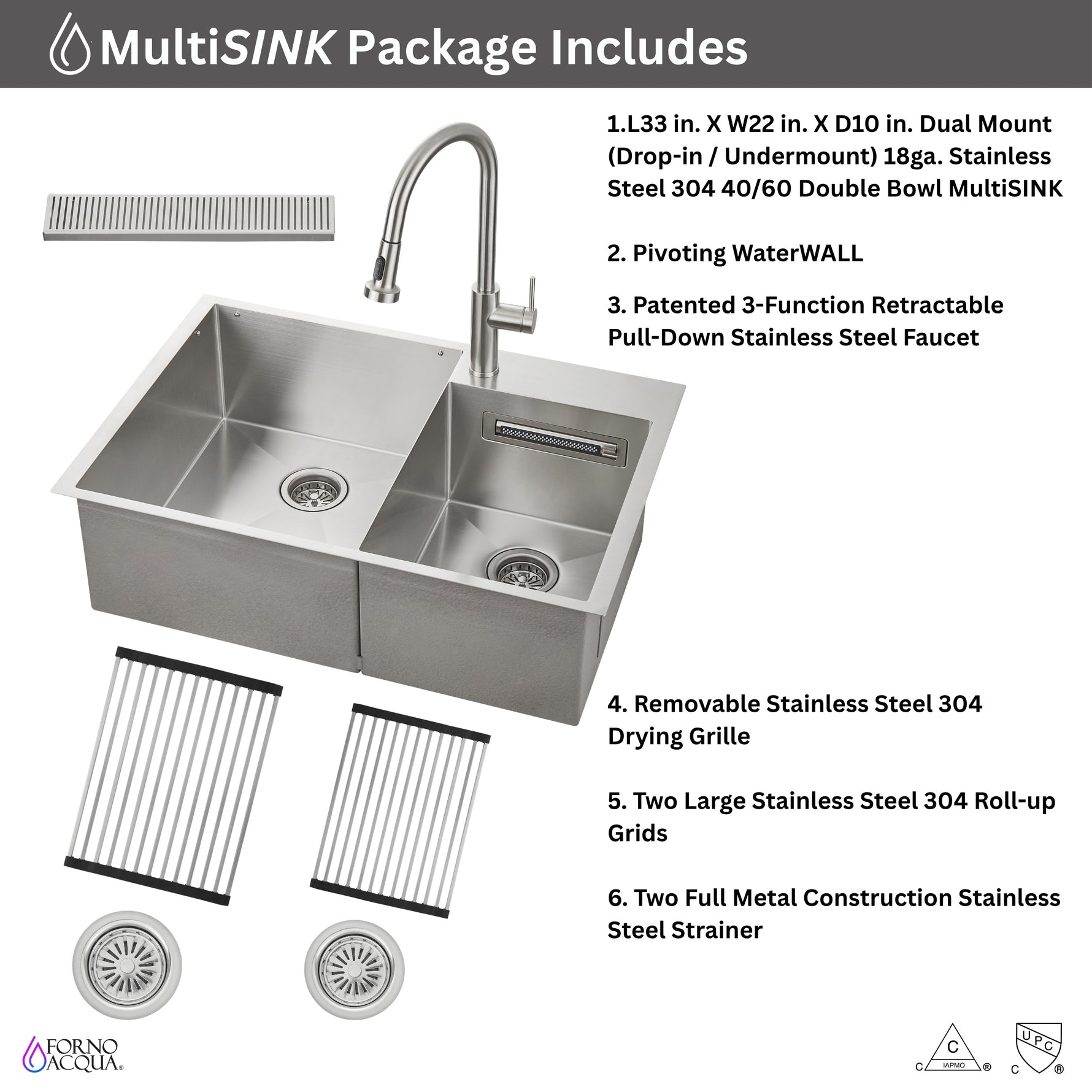 FORNO ACQUA 33 in. Drop-In/Undermount 40/60 Double Bowl Sink with Retractable Faucet & Waterfall - BonPrix Électroménagers