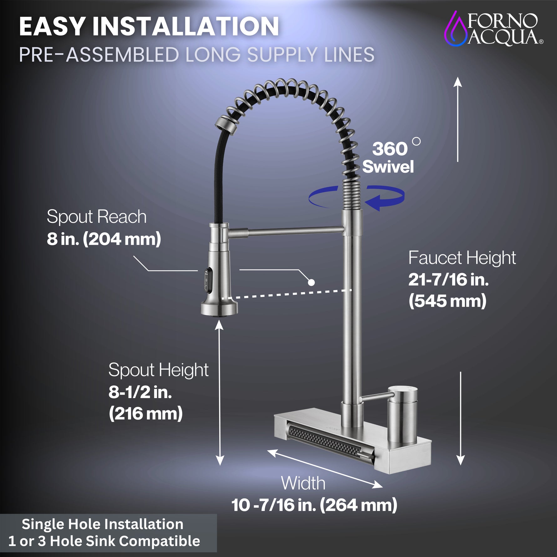 FORNO ACQUA 4 Function  Pull-Down Waterfall Kitchen Faucet Brushed Nickel