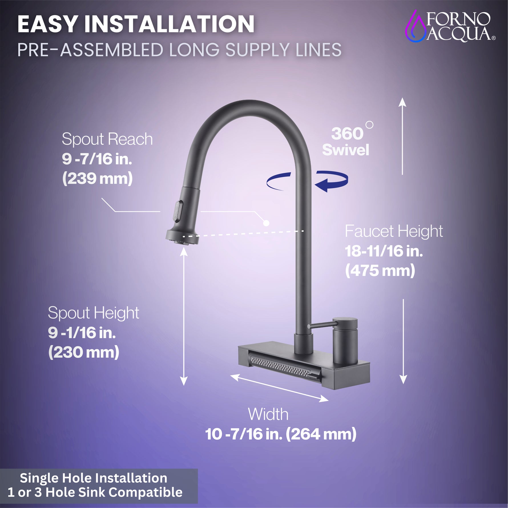 FORNO ACQUA 4 Function Waterfall  Pull-Down Kitchen Faucet Black