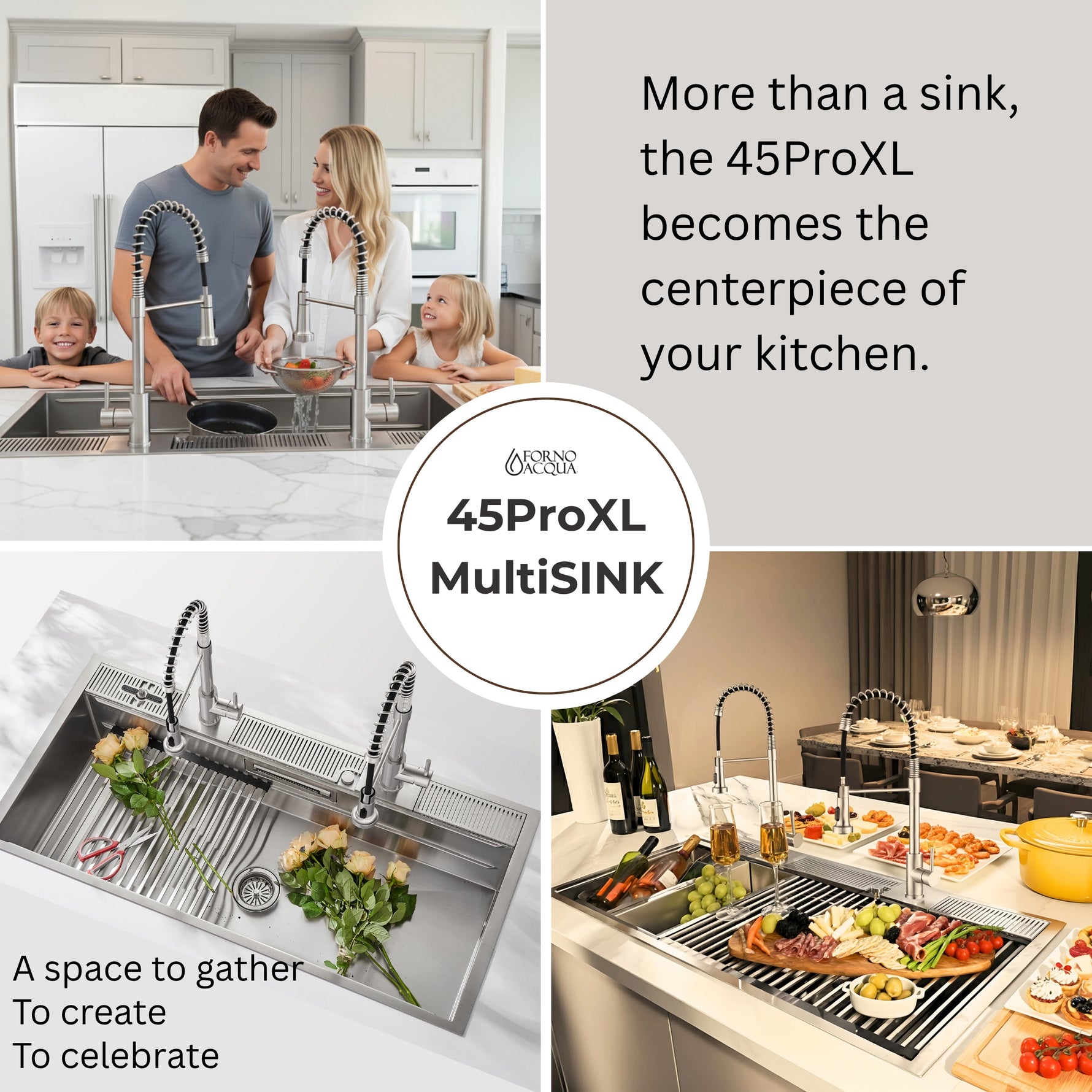 FORNO ACQUA 45 in. Drop-In/Undermount 3-Level Workstation Sink with Two Faucets & Glass Rinser - BonPrix Électroménagers