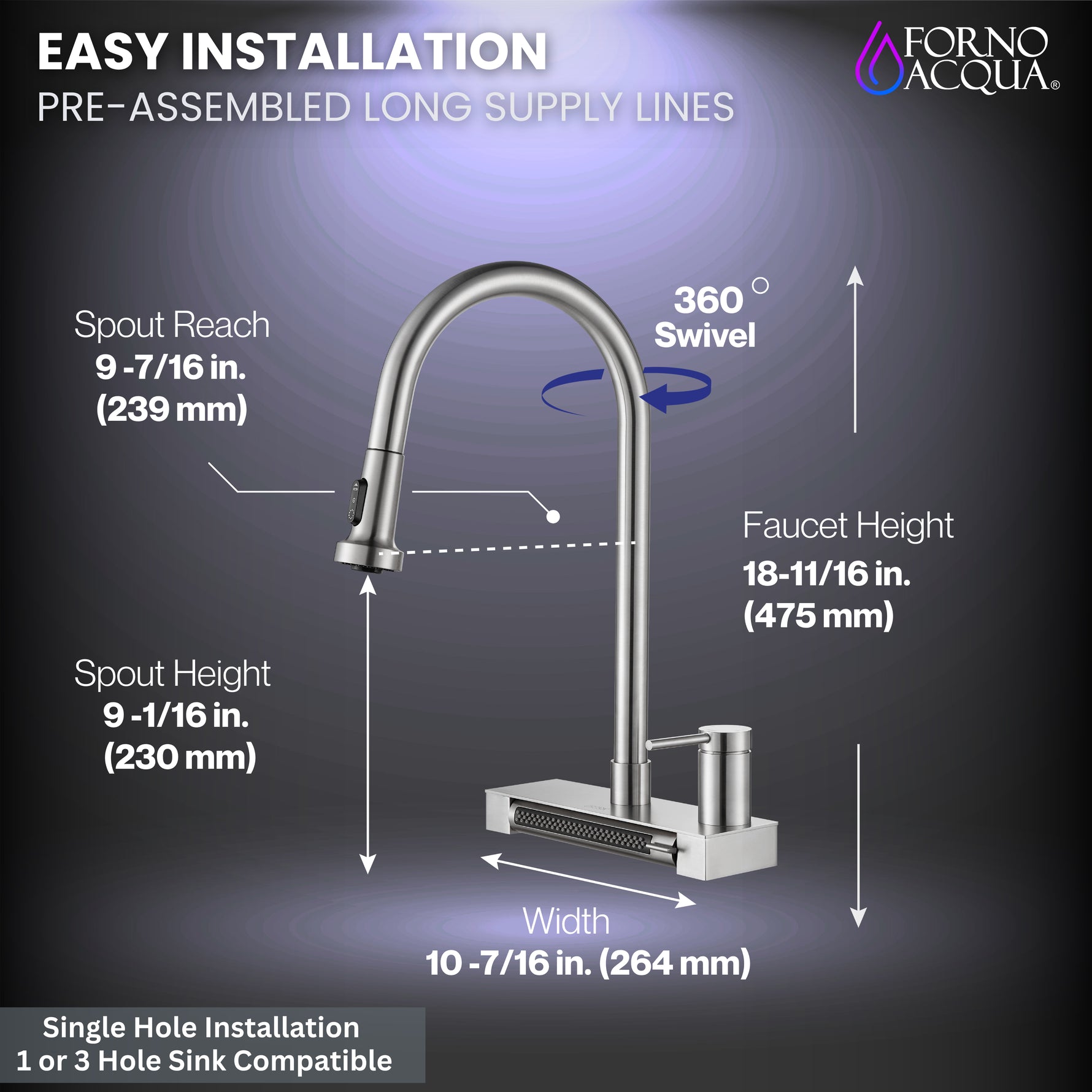 FORNO ACQUA 4 Function Waterfall  Pull-Down Kitchen Faucet Brushed Nickel