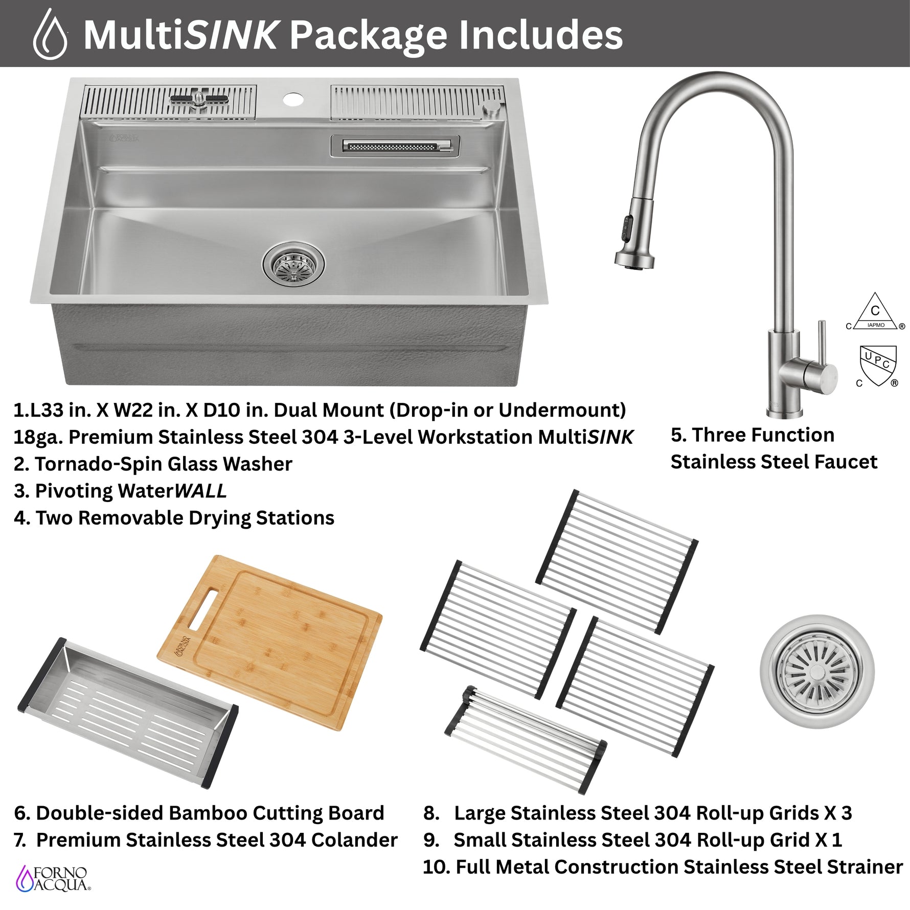 FORNO ACQUA 33 in. Drop-In/Undermount 3-Level Workstation Sink with Faucet, Waterfall & Glass Rinser - BonPrix Électroménagers
