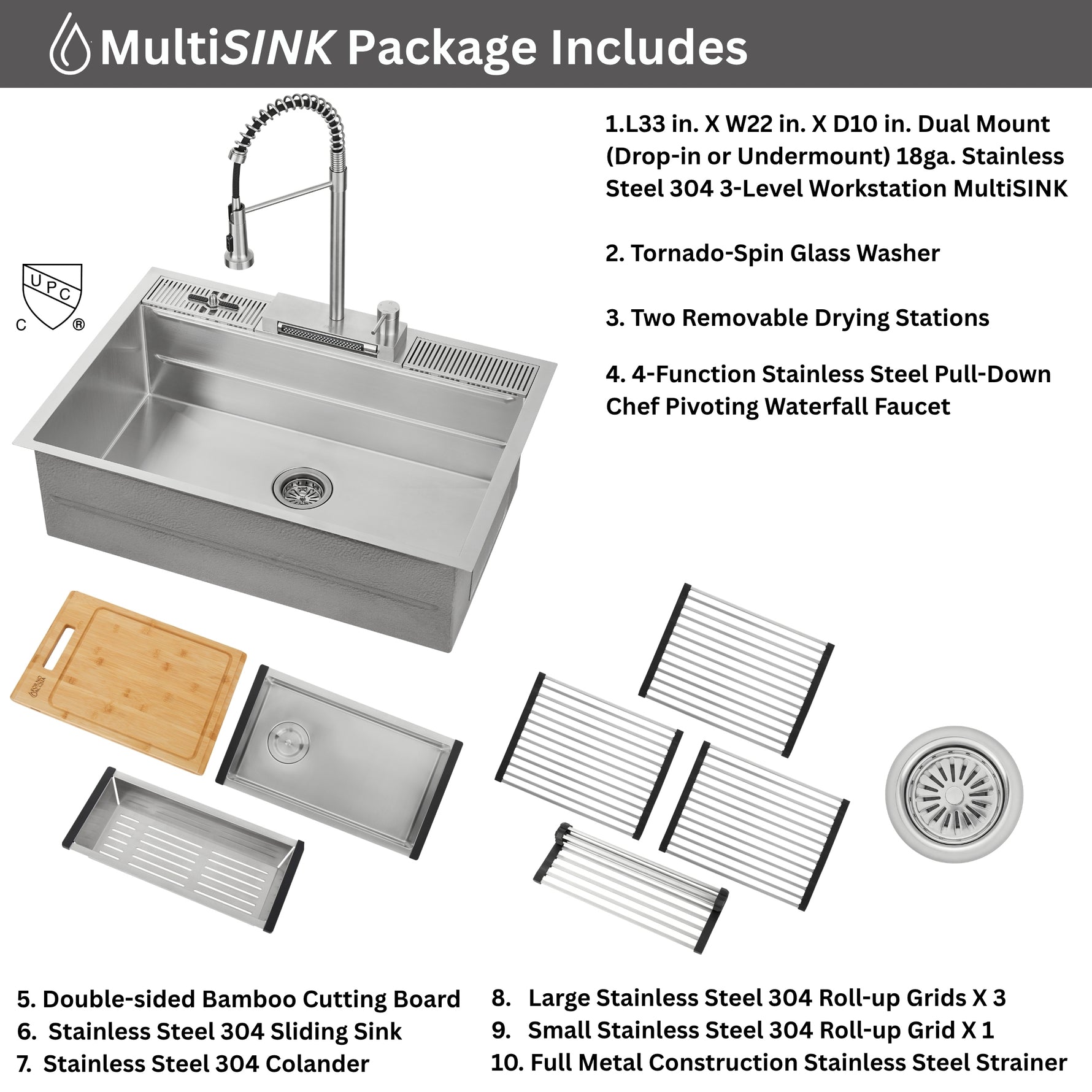 FORNO ACQUA 33 in. Drop-In/Undermount 3-Level MultiSINK Workstation Sink with Waterfall Faucet & Glass Rinser - BonPrix Électroménagers