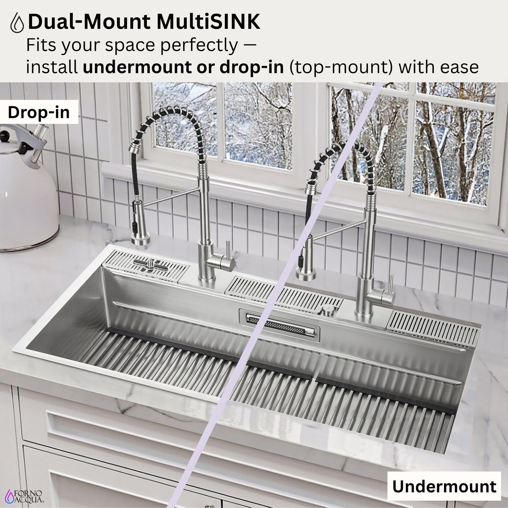 FORNO ACQUA 45 in. Drop-In/Undermount 3-Level Workstation Sink with Two Faucets & Glass Rinser - BonPrix Électroménagers