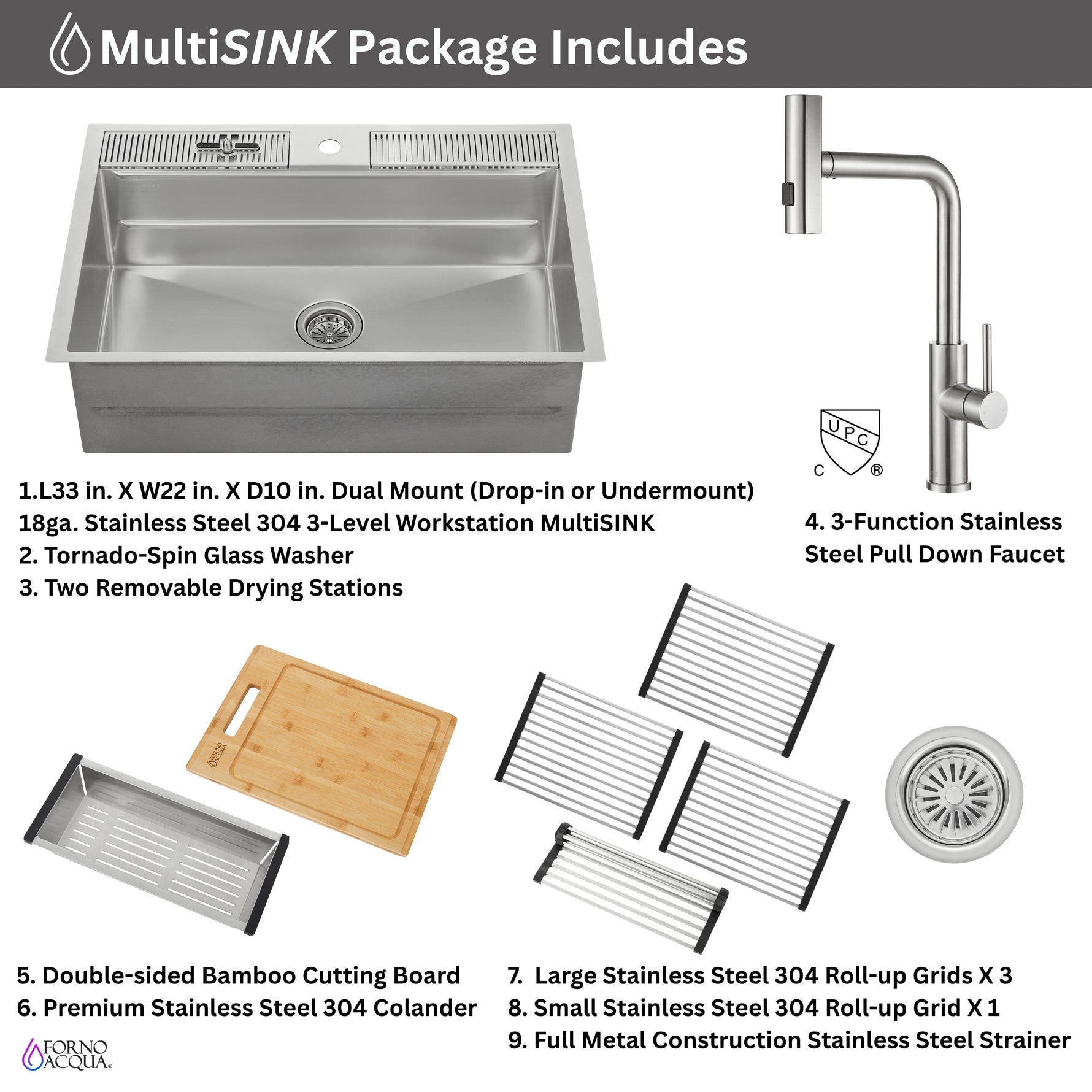 FORNO ACQUA 33 in. Drop-In/Undermount 3-Level Workstation Sink with Waterfall Faucet & Glass Rinser - BonPrix Électroménagers