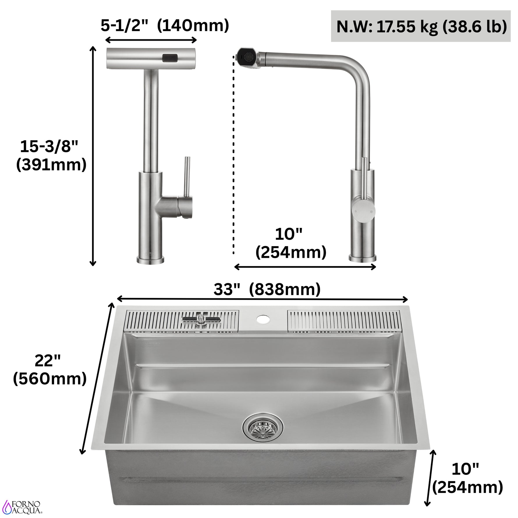 FORNO ACQUA 33 in. Drop-In/Undermount 3-Level Workstation Sink with Waterfall Faucet & Glass Rinser - BonPrix Électroménagers