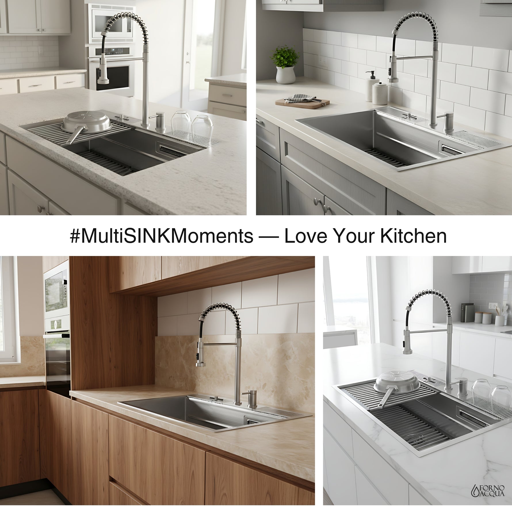 FORNO ACQUA 33 in. Drop-In/Undermount 3-Level Workstation Sink with Faucet, Waterfall & Glass Rinser - BonPrix Électroménagers