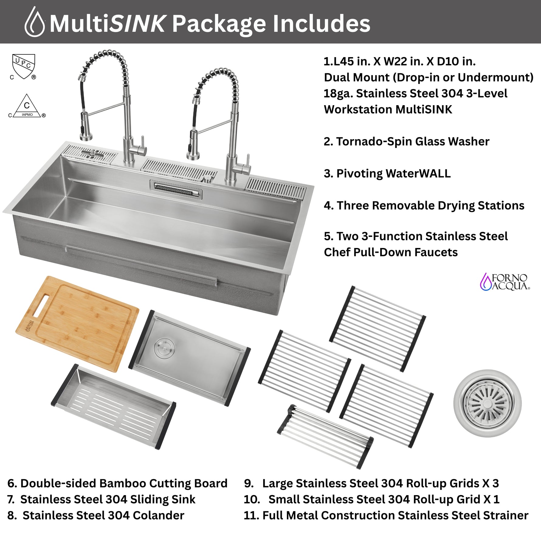 FORNO ACQUA 45 in. Drop-In/Undermount 3-Level Workstation Sink with Two Faucets & Glass Rinser - BonPrix Électroménagers
