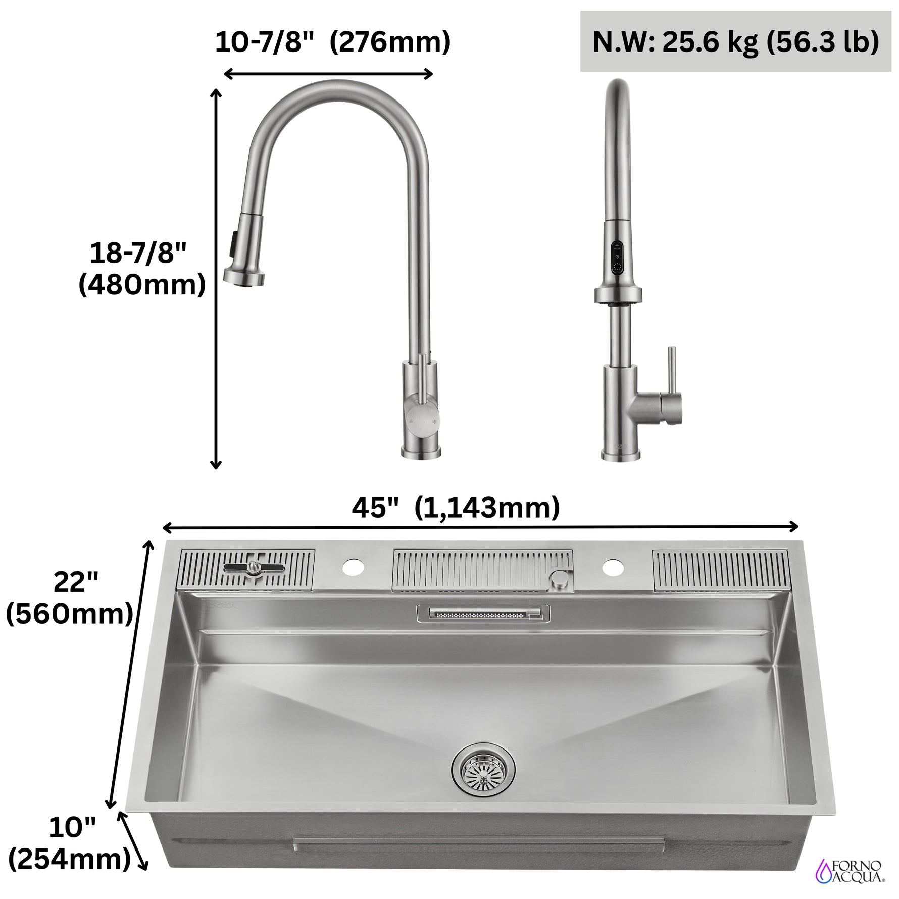 FORNO ACQUA 45 in. Drop-In/Undermount 3-Level Workstation Sink with Two Faucets & Glass Rinser - BonPrix Électroménagers