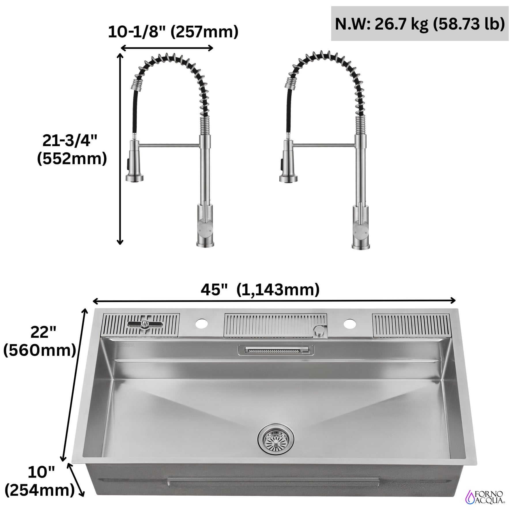 FORNO ACQUA 45 in. Drop-In/Undermount 3-Level Workstation Sink with Two Faucets & Glass Rinser - BonPrix Électroménagers