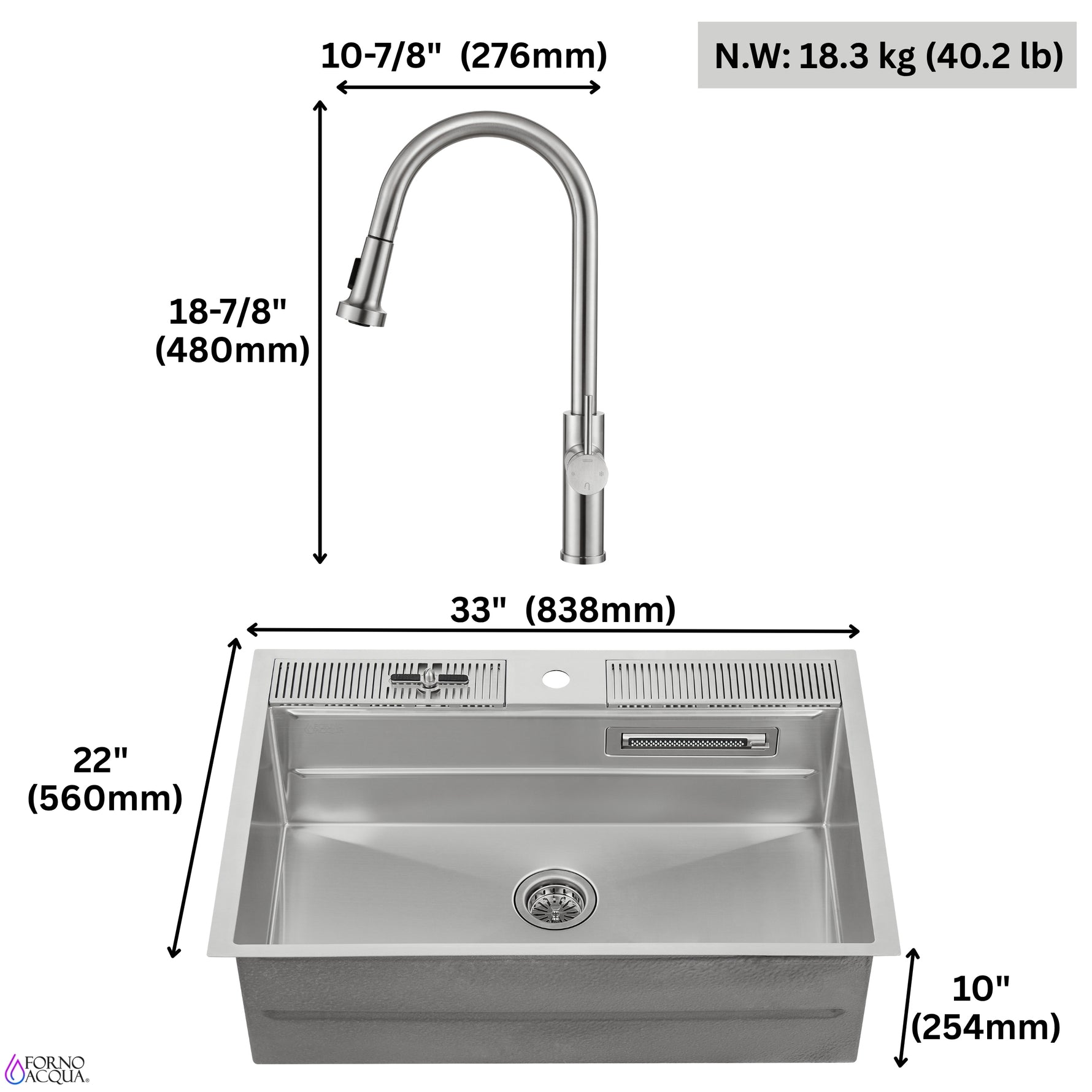 FORNO ACQUA 33 in. Drop-In/Undermount 3-Level Workstation with Retractable Faucet & Glass Rinser - BonPrix Électroménagers