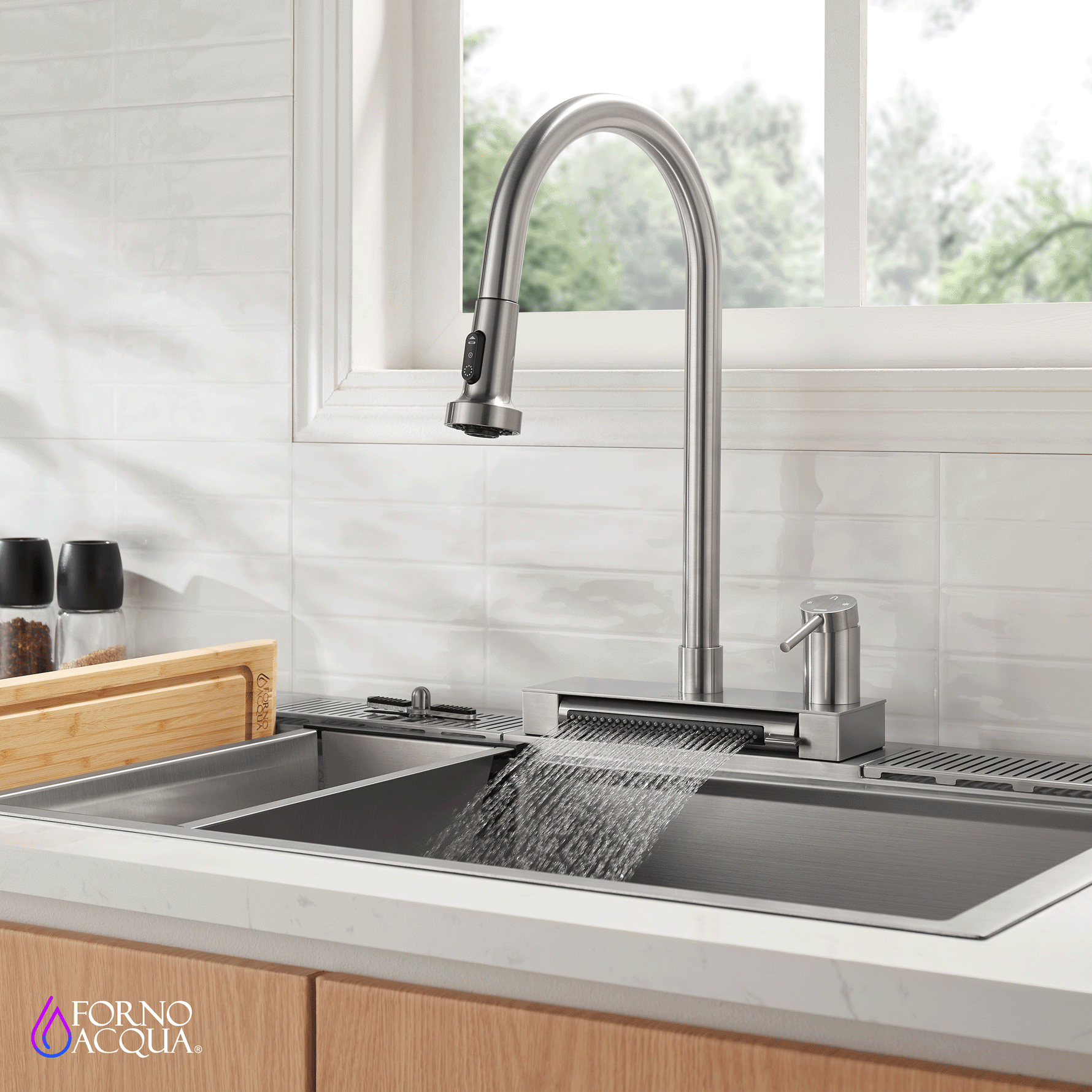 FORNO ACQUA 4 Function Waterfall  Pull-Down Kitchen Faucet Brushed Nickel