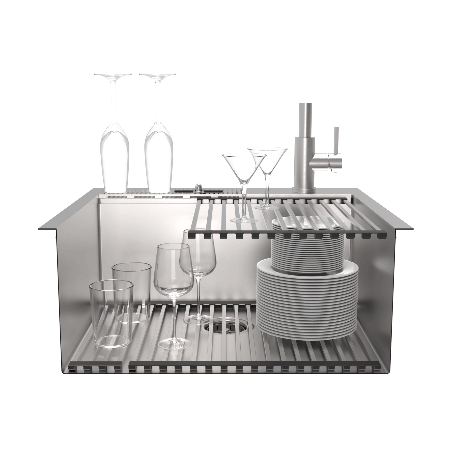 FORNO ACQUA L20" X W22" X D10" 18ga Stainless Steel 304 2-Level MultiSINK Kit with Glass Rinser, 3 Function Stainless Steel Pull-Down Kitchen Faucet, 3 Roll-Up Grids and 1 Strainer
