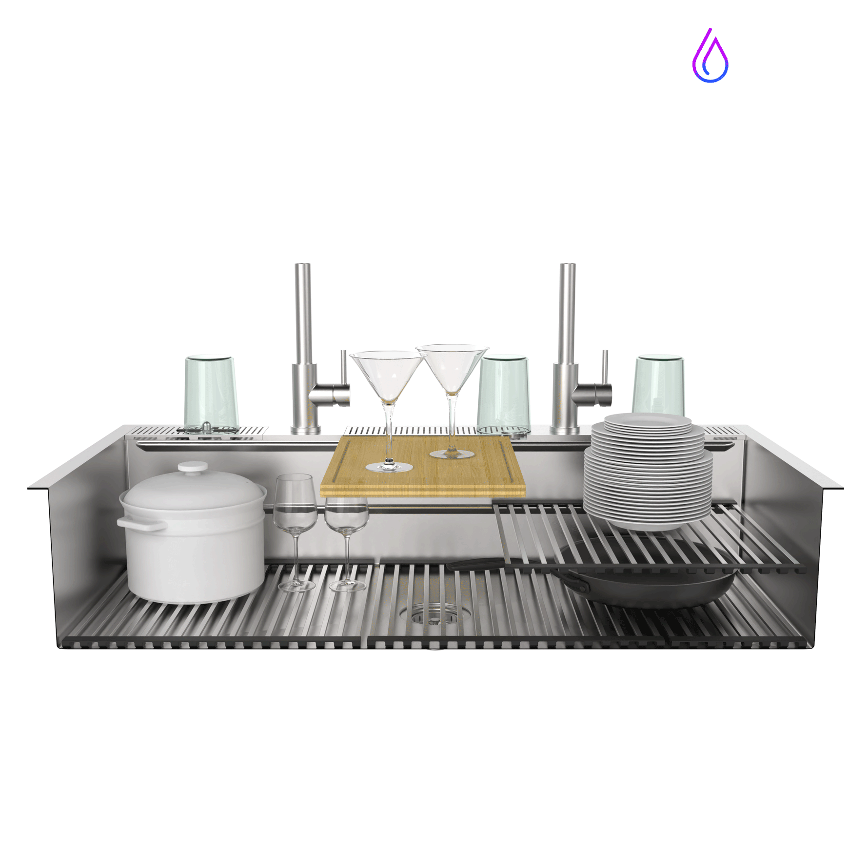 FORNO ACQUA 45 in. Drop-In/Undermount 3-Level Workstation Sink with Two Faucets & Glass Rinser - BonPrix Électroménagers