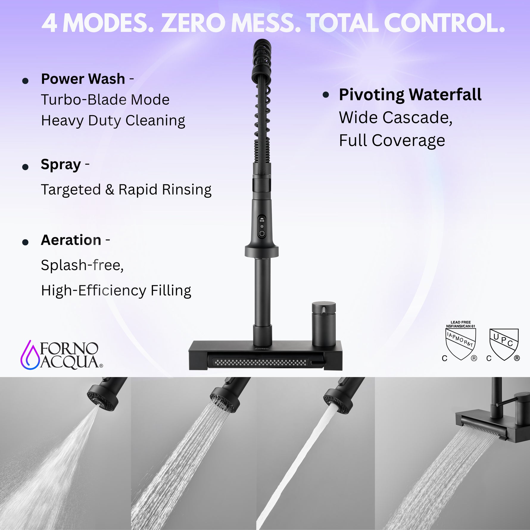 FORNO ACQUA 4 function pull-Down Waterfall Kitchen Faucet Black