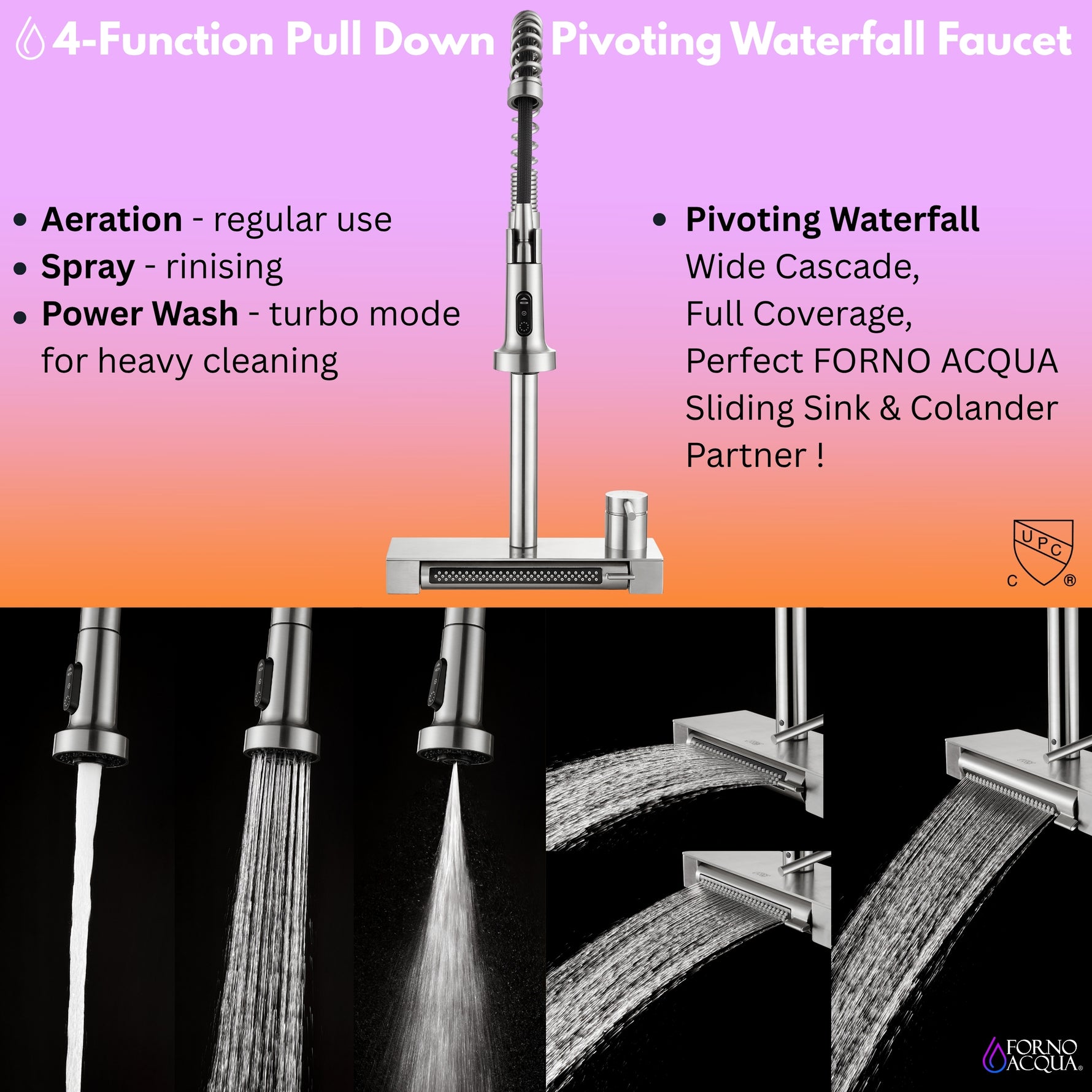 FORNO ACQUA 33 in. Drop-In/Undermount 3-Level MultiSINK Workstation Sink with Waterfall Faucet & Glass Rinser - BonPrix Électroménagers