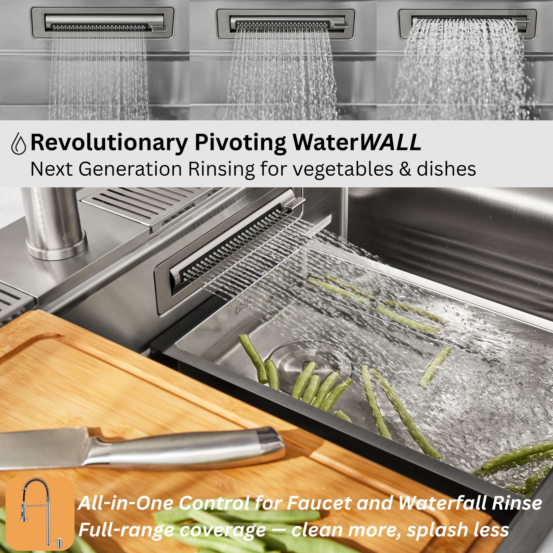 FORNO ACQUA 33 in. Drop-In/Undermount 3-Level Workstation Sink with Faucet, Waterfall & Glass Rinser - BonPrix Électroménagers