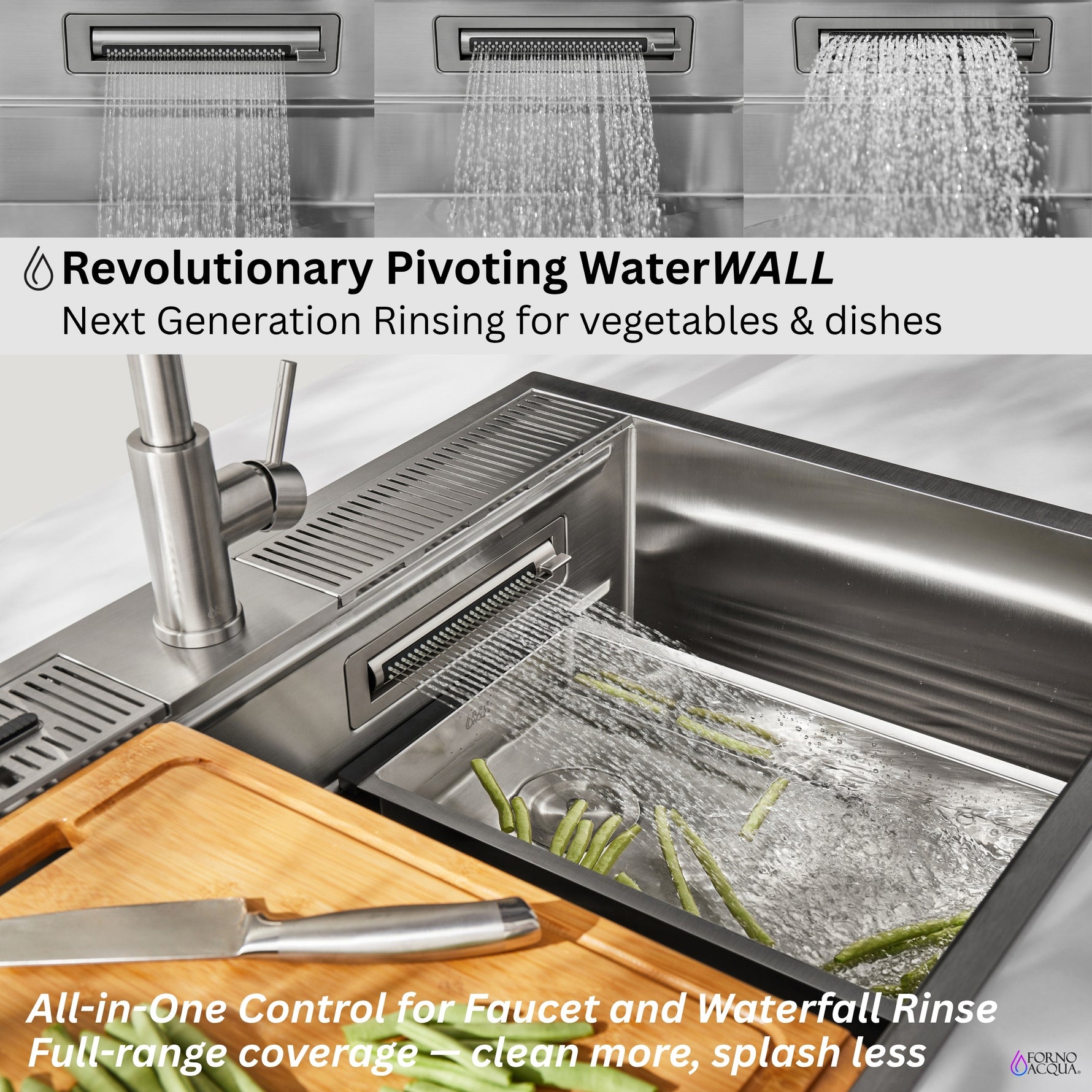 FORNO ACQUA 33 in. Drop-In/Undermount 3-Level Workstation with Retractable Faucet & Glass Rinser - BonPrix Électroménagers