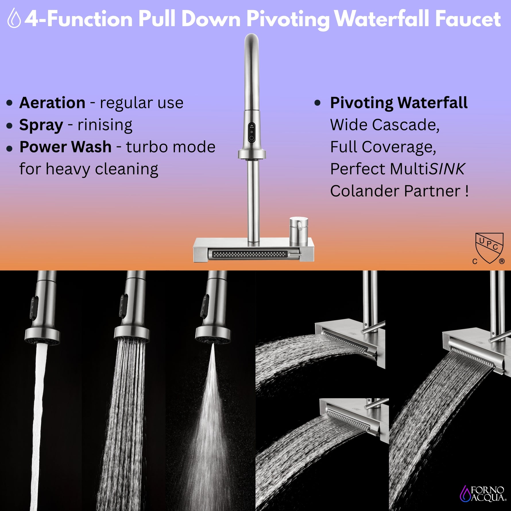 FORNO ACQUA 33 in. Drop-In/Undermount MultiSINK Workstation Sink with Waterfall Faucet & Glass Rinser - BonPrix Électroménagers
