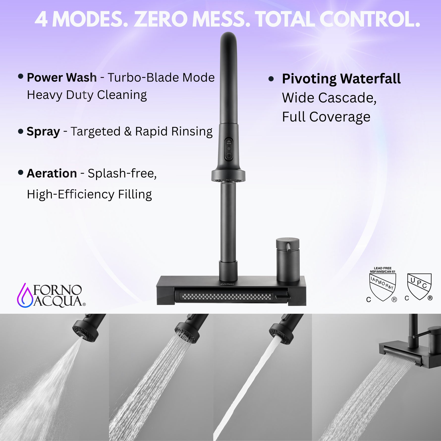 FORNO ACQUA 4 Function Waterfall  Pull-Down Kitchen Faucet Black