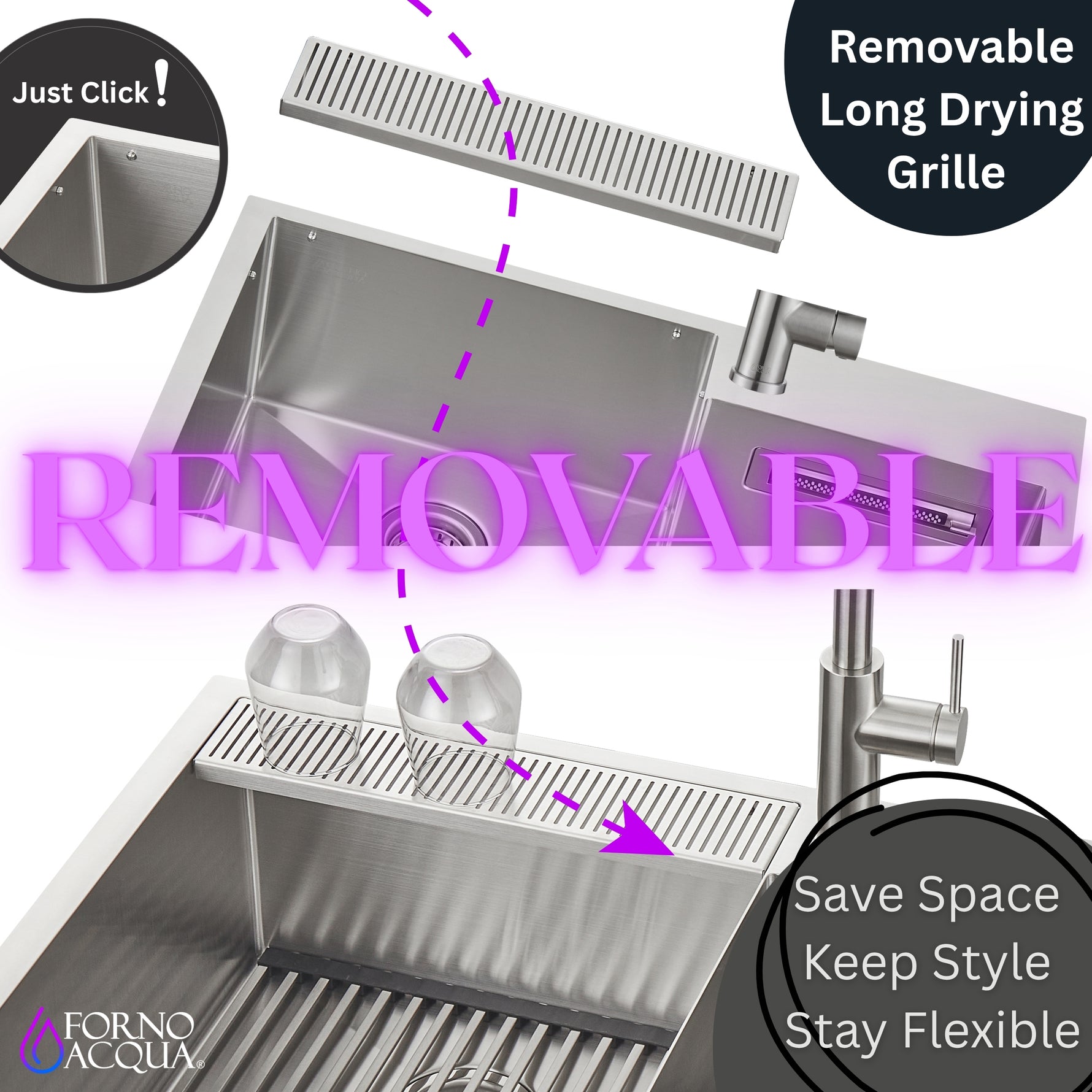 FORNO ACQUA 33 in. Drop-In/Undermount 40/60 Double Bowl Sink with Retractable Faucet & Waterfall - BonPrix Électroménagers