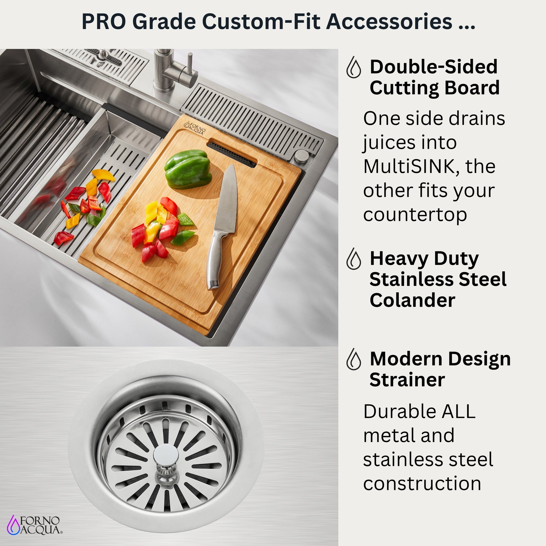 FORNO ACQUA 33 in. Drop-In/Undermount 3-Level Workstation Sink with Faucet, Waterfall & Glass Rinser - BonPrix Électroménagers