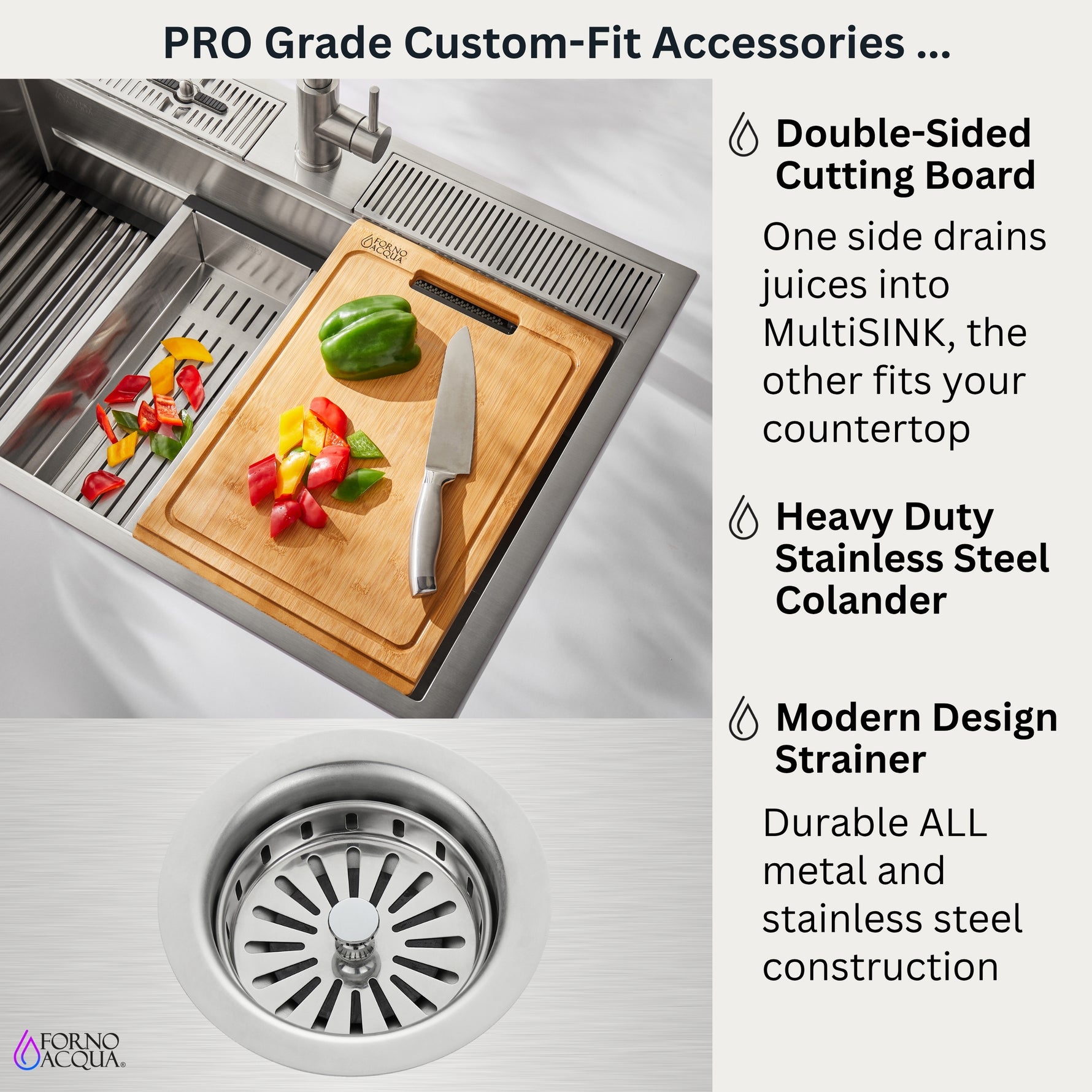 FORNO ACQUA 33 in. Drop-In/Undermount 3-Level Workstation with Retractable Faucet & Glass Rinser - BonPrix Électroménagers
