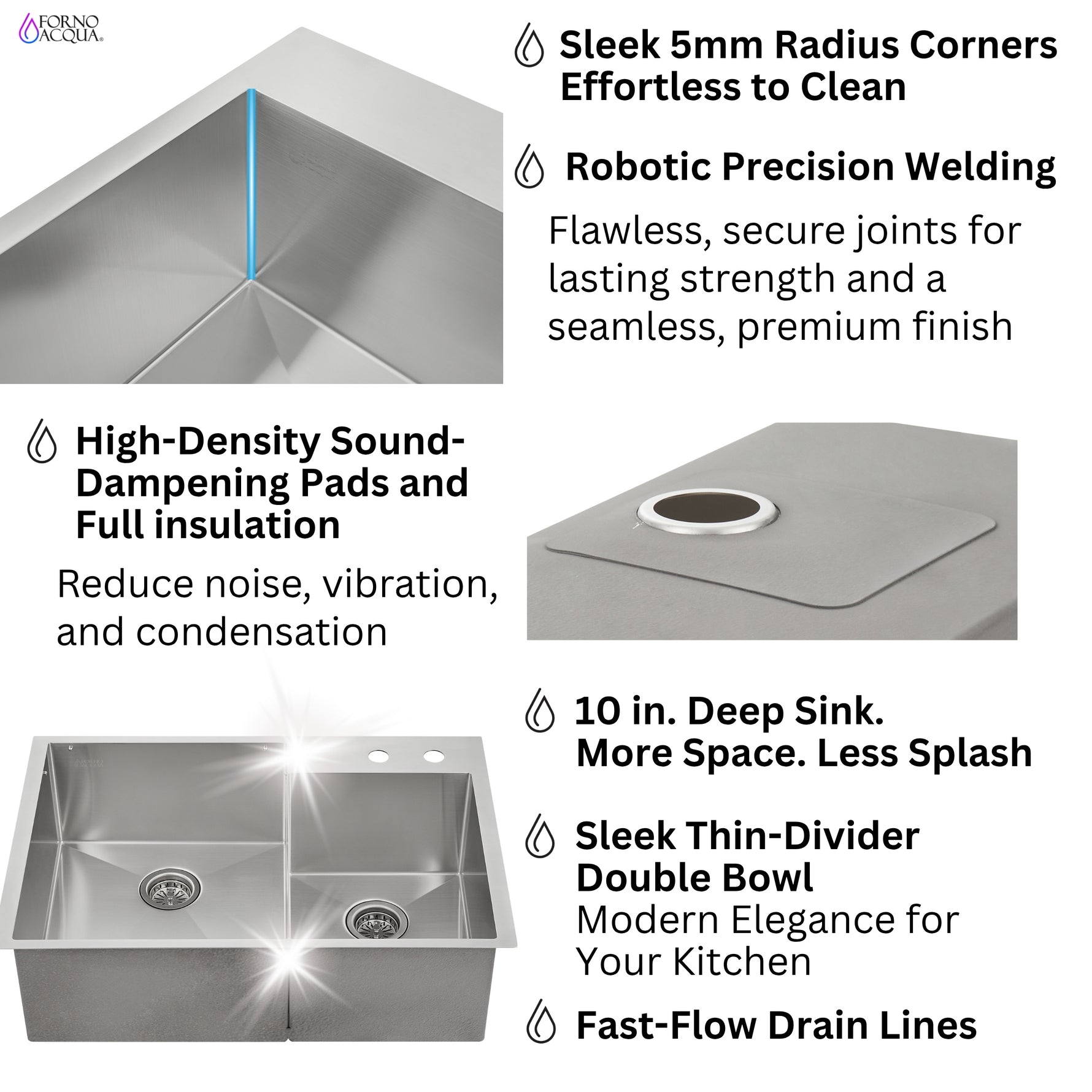 FORNO ACQUA 33 in. Drop-In/Undermount 40/60 Double Bowl Stainless Steel Sink with Waterfall Faucet - BonPrix Électroménagers