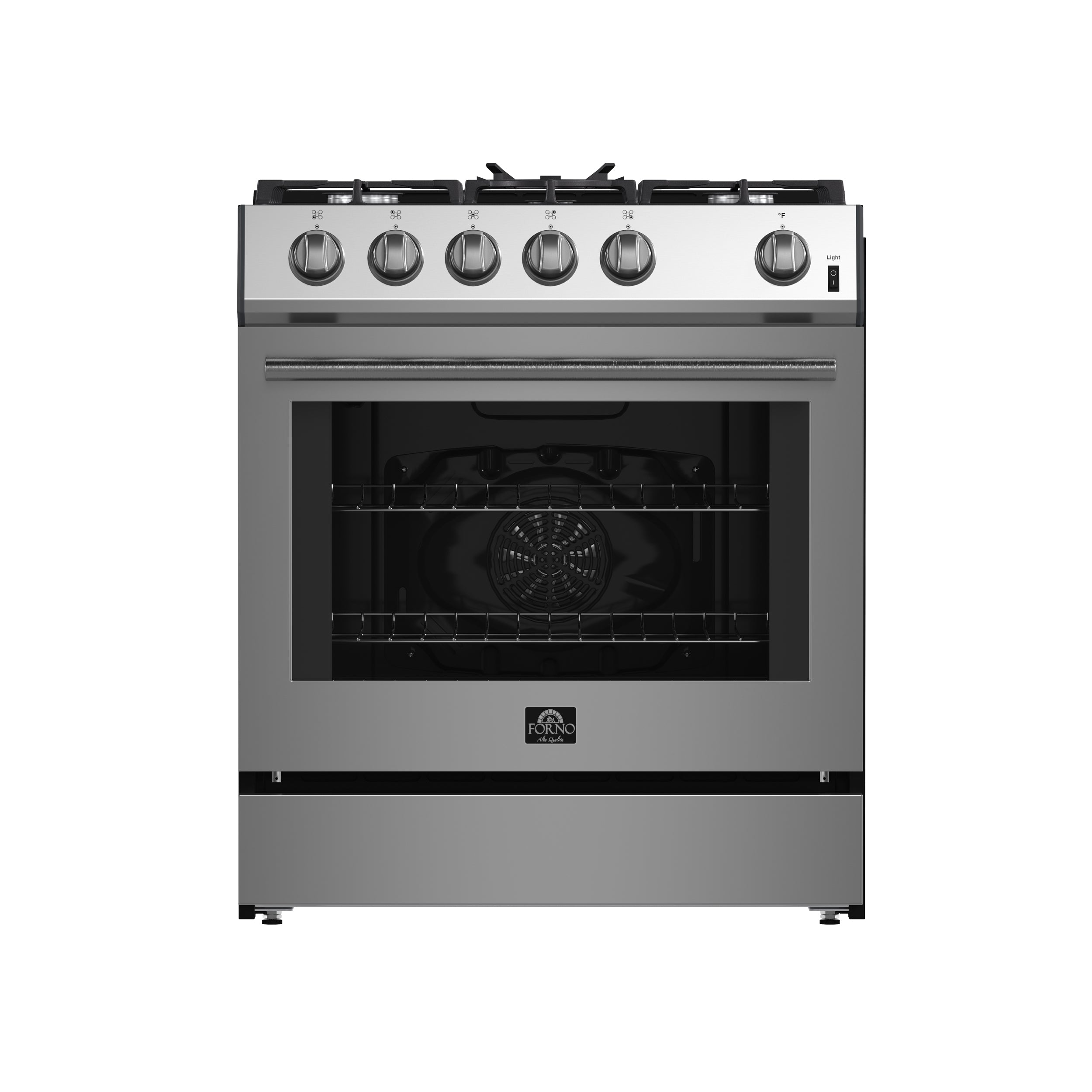 Forno Leonardo 30-Inch Stainless Steel Gas Range, 5 Sealed Burners (Totaling 39,500 BTU), 5 cu.ft. Convection Oven, Continuous Cast Iron Grates, Black Enamel Interior, Auto Re-Ignition, LP Conversion Kit Included - BonPrix Électroménagers