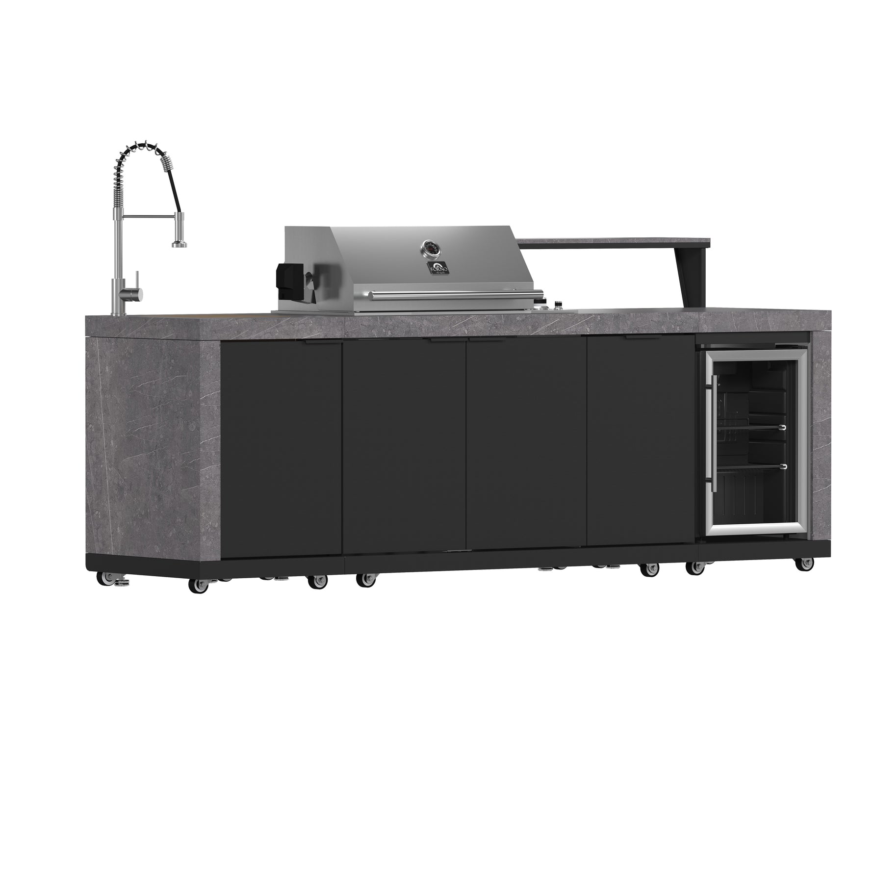 Forno Rimini Outdoor Kitchen 30" BBQ 62,600 BTU, 3 Burners with Sear & Rotisserie, 2.4 cu.ft. Beverage Center, Stainless Steel Sink, Black Cabinets & Gray Sintered Stone Countertop - BonPrix Électroménagers