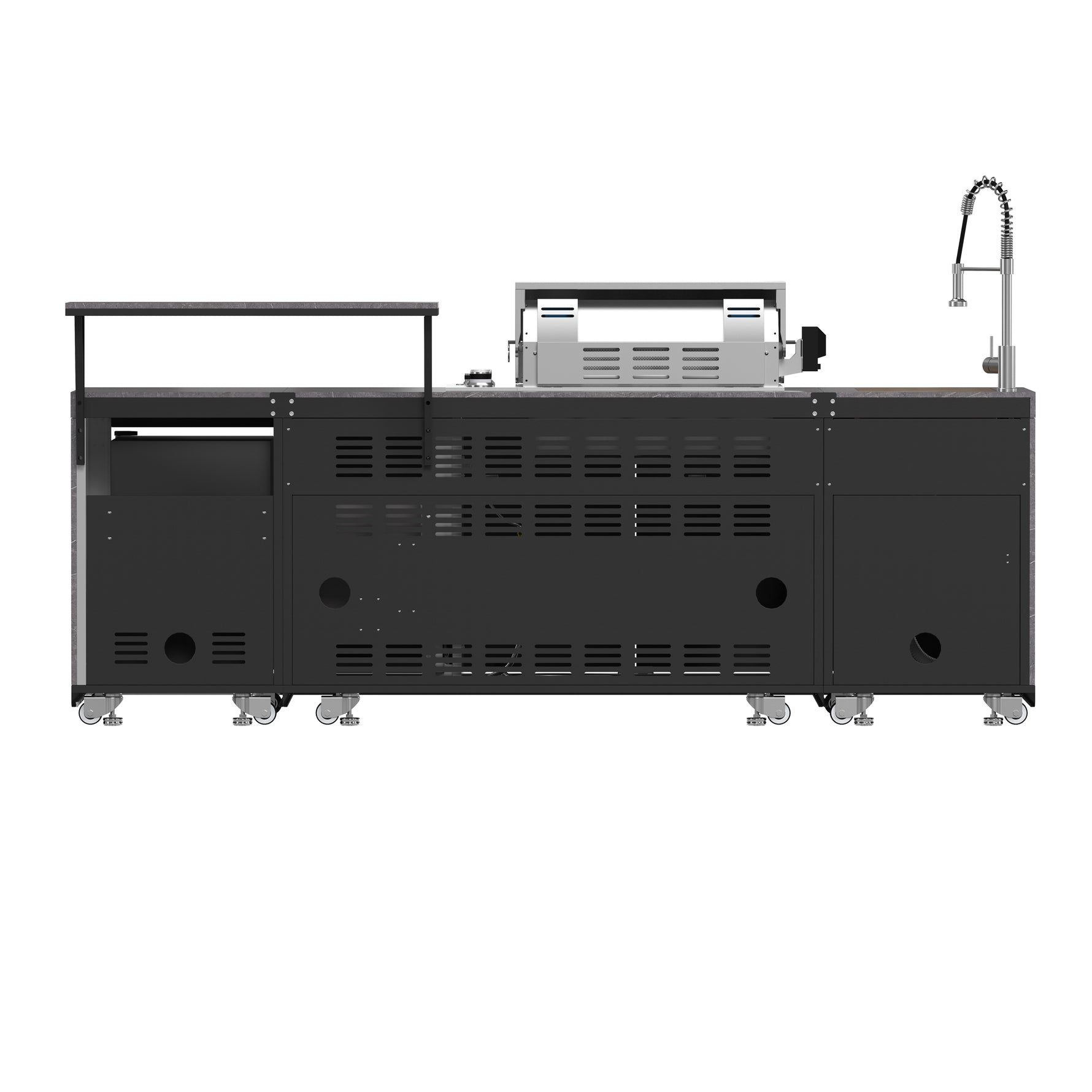 Forno Rimini Outdoor Kitchen 30" BBQ 62,600 BTU, 3 Burners with Sear & Rotisserie, 2.4 cu.ft. Beverage Center, Stainless Steel Sink, Black Cabinets & Gray Sintered Stone Countertop - BonPrix Électroménagers