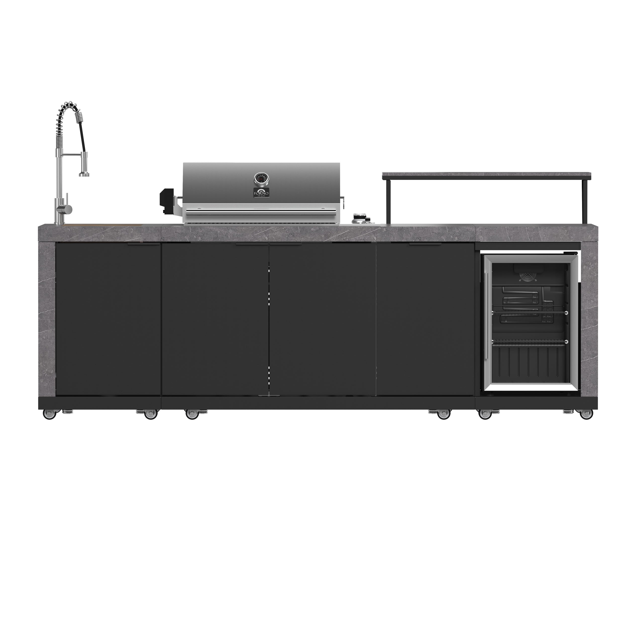 Forno Rimini Outdoor Kitchen 30" BBQ 62,600 BTU, 3 Burners with Sear & Rotisserie, 2.4 cu.ft. Beverage Center, Stainless Steel Sink, Black Cabinets & Gray Sintered Stone Countertop - BonPrix Électroménagers